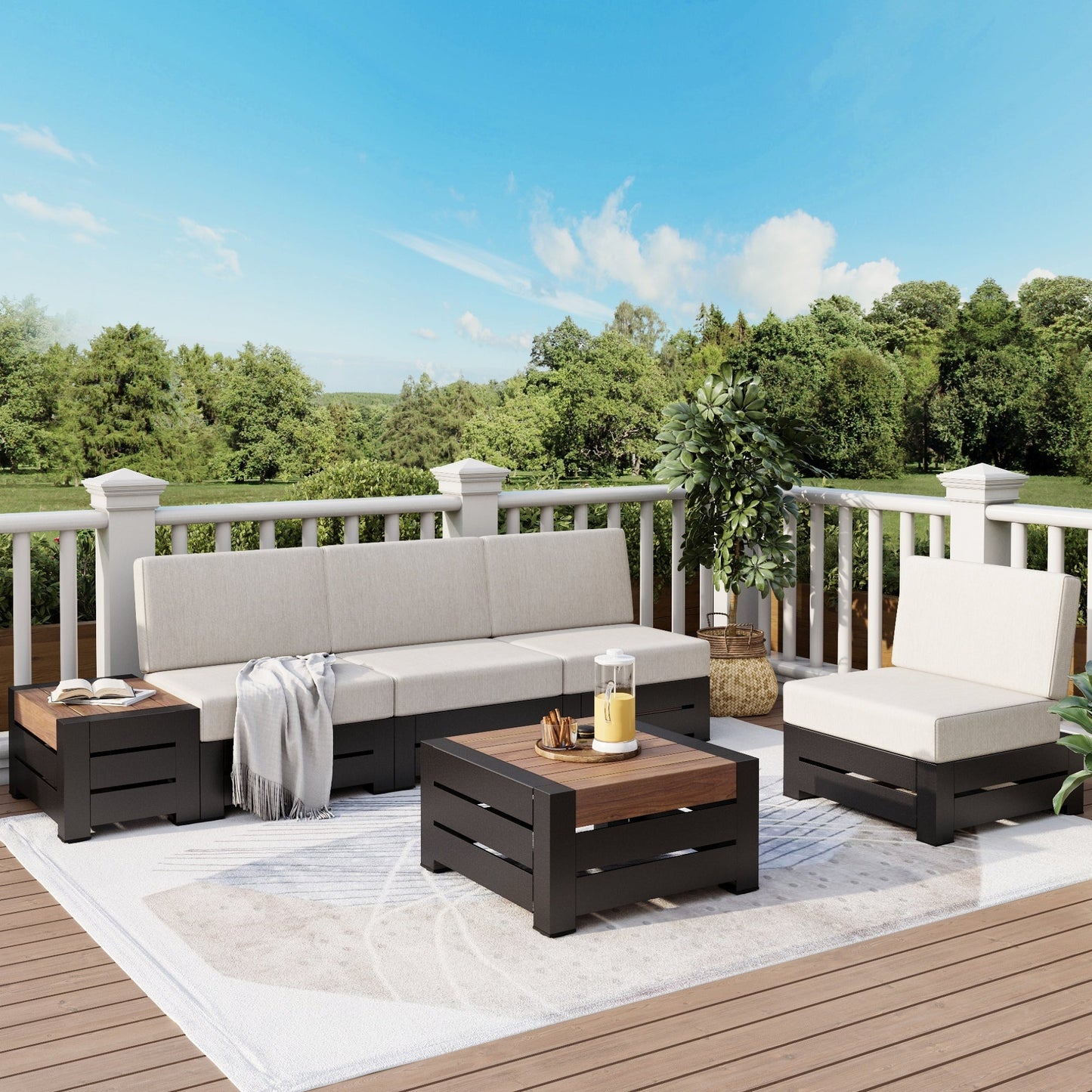 MF Studio 6-Piece Patio Conversation Set, Outdoor Sectional Sofa, Armless Seating Group with Thick Cushions & Wood-grained Table