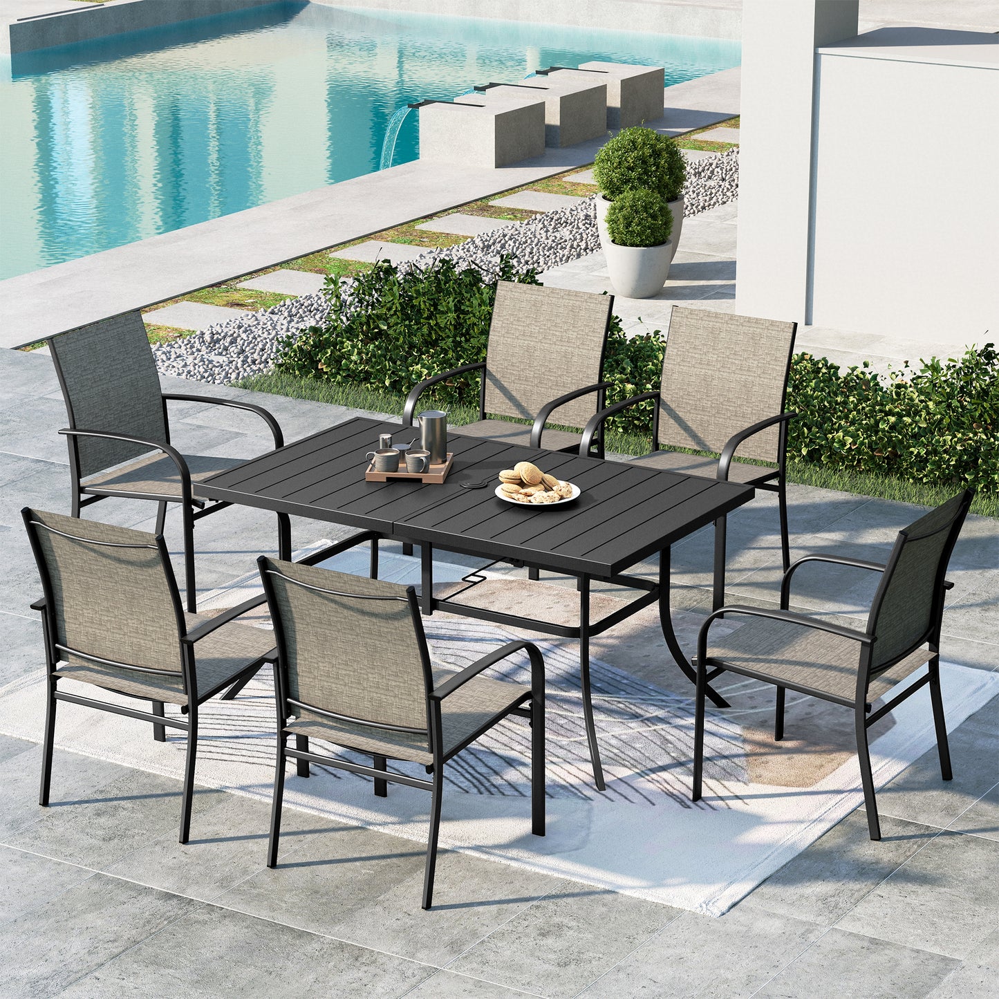 MF Studio 7-Piece Outdoor Patio Dining Set with 6 Textilene Chairs & 60" Rectangle Metal Steel Table with Umbrella Hole, Black & Tan