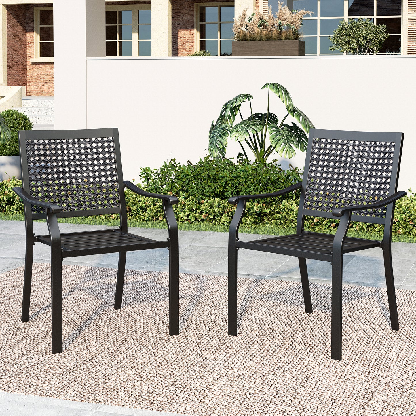 Summit-Living-2-Piece-Outdoor-Patio-Dining-Chairs-Large-Metal-Stackable-Armchairs-(Weight Capacity 350 lbs)-Black