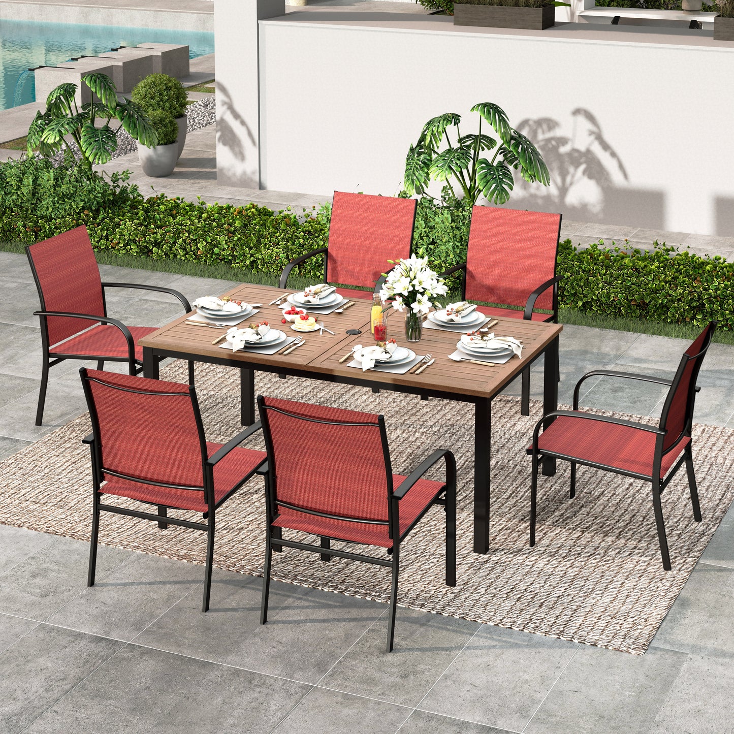 SUMMIT LIVING 7-Piece Outdoor Patio Dining Set with 6 Pieces Textilene Chairs & Rectangular Steel Table with Umbrella Hole, Brown & Red