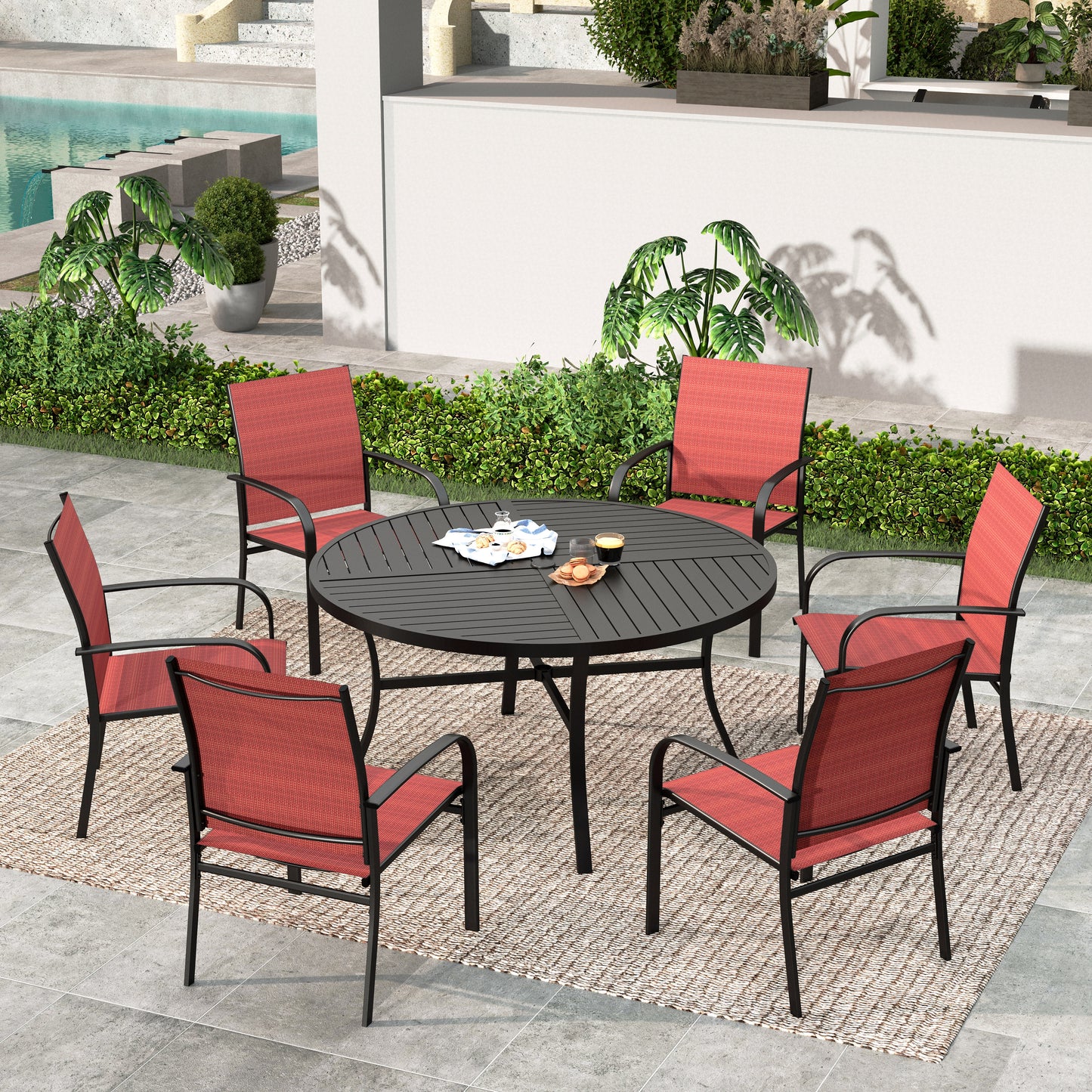 SUMMIT LIVING 7-Piece Outdoor Patio Dining Set with 6 Pieces Textilene Chairs & Round Steel Table with Umbrella Hole, Black & Red