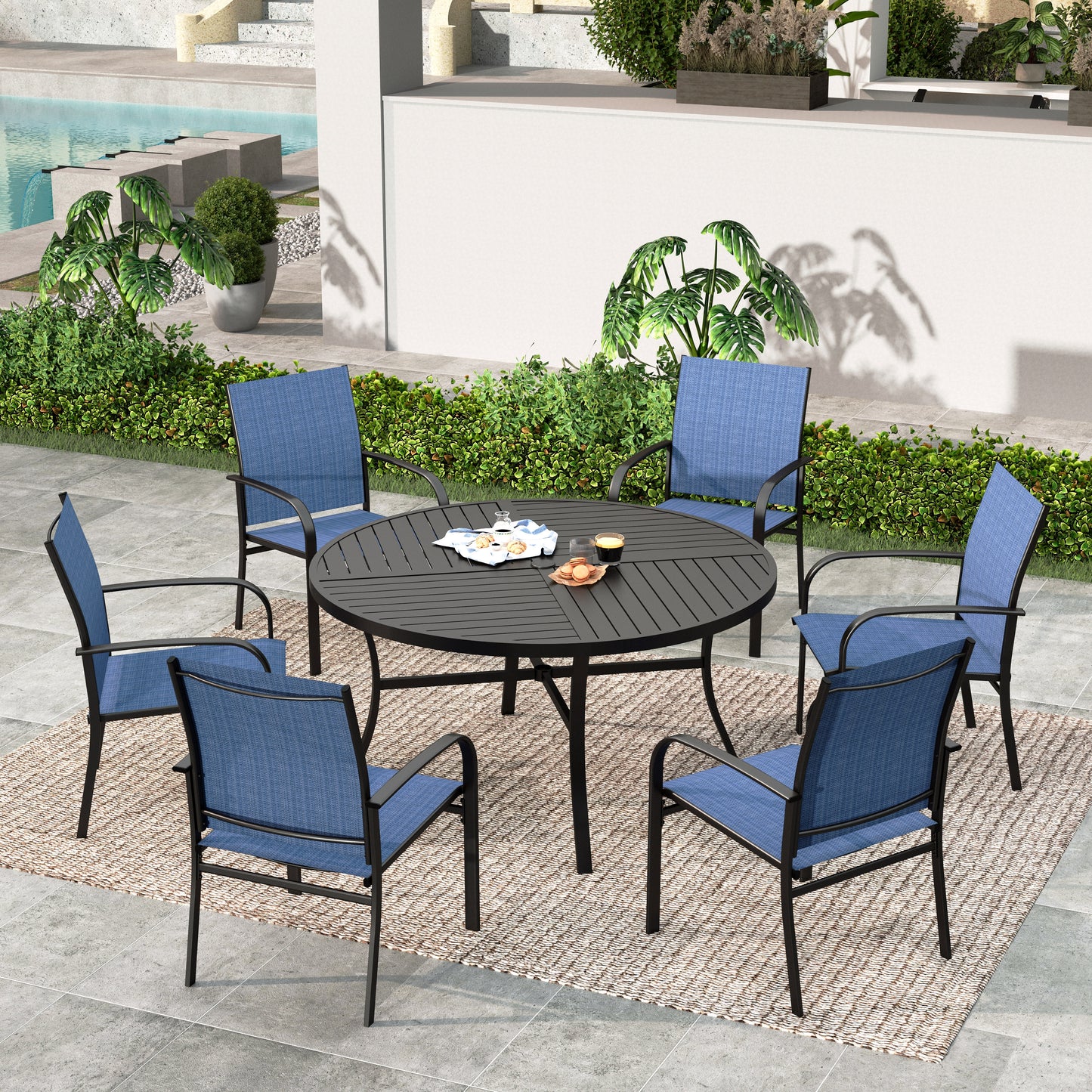SUMMIT LIVING 7-Piece Outdoor Patio Dining Set with 6 Pieces Textilene Chairs & Round Steel Table with Umbrella Hole, Black & Blue