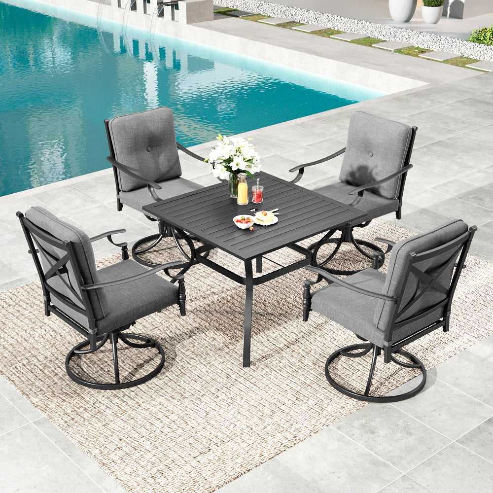 Summit Living 5-Piece Outdoor Patio Dining Set, Square Patio Table and Swivel Cushioned Chairs for 4, Black & Gray
