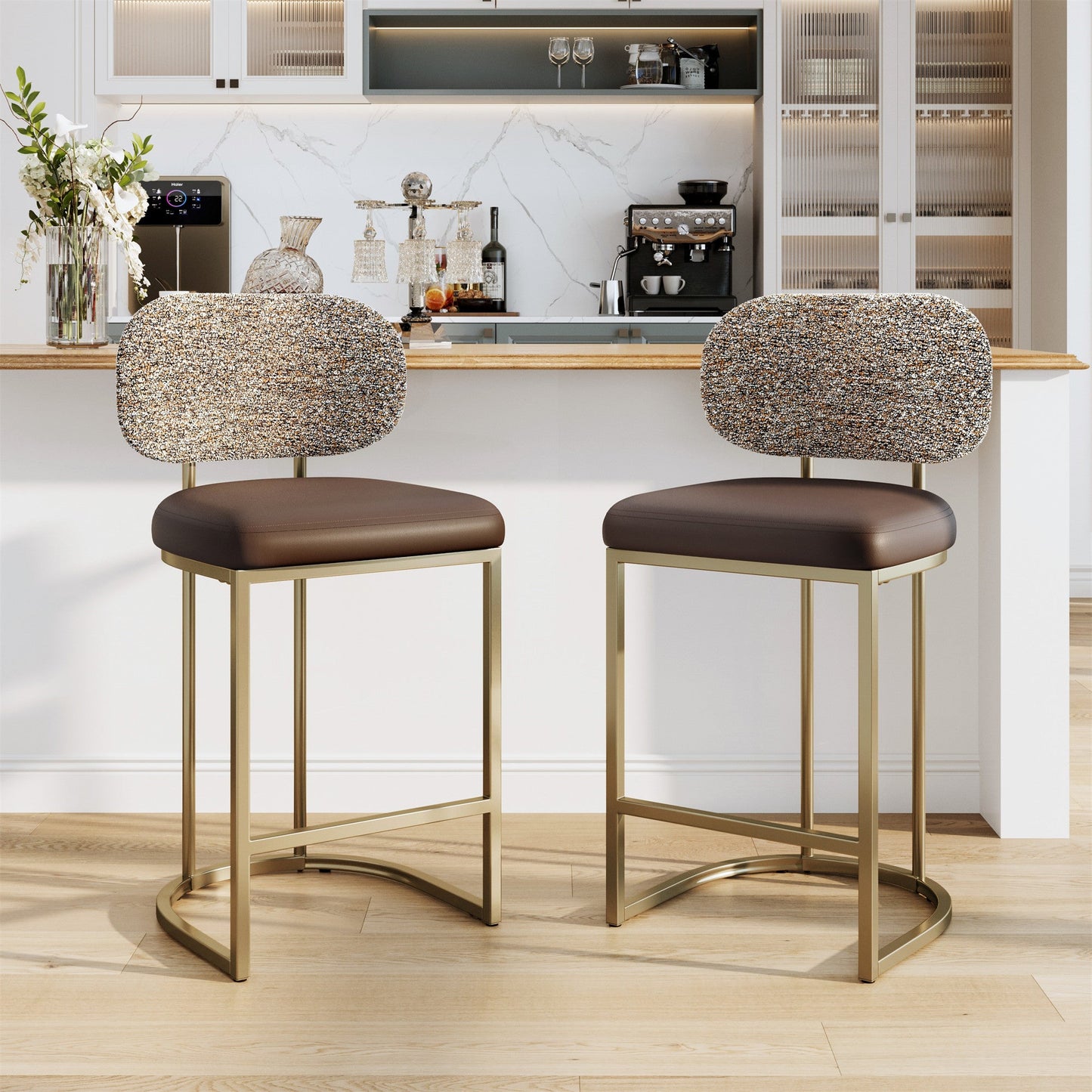 MF Studio Counter Height Bar Stool with Back Set of 2, 24.8" Modern PU Upholstered Bar Chair with Large Chenille Back and Metal Frame, Taupe