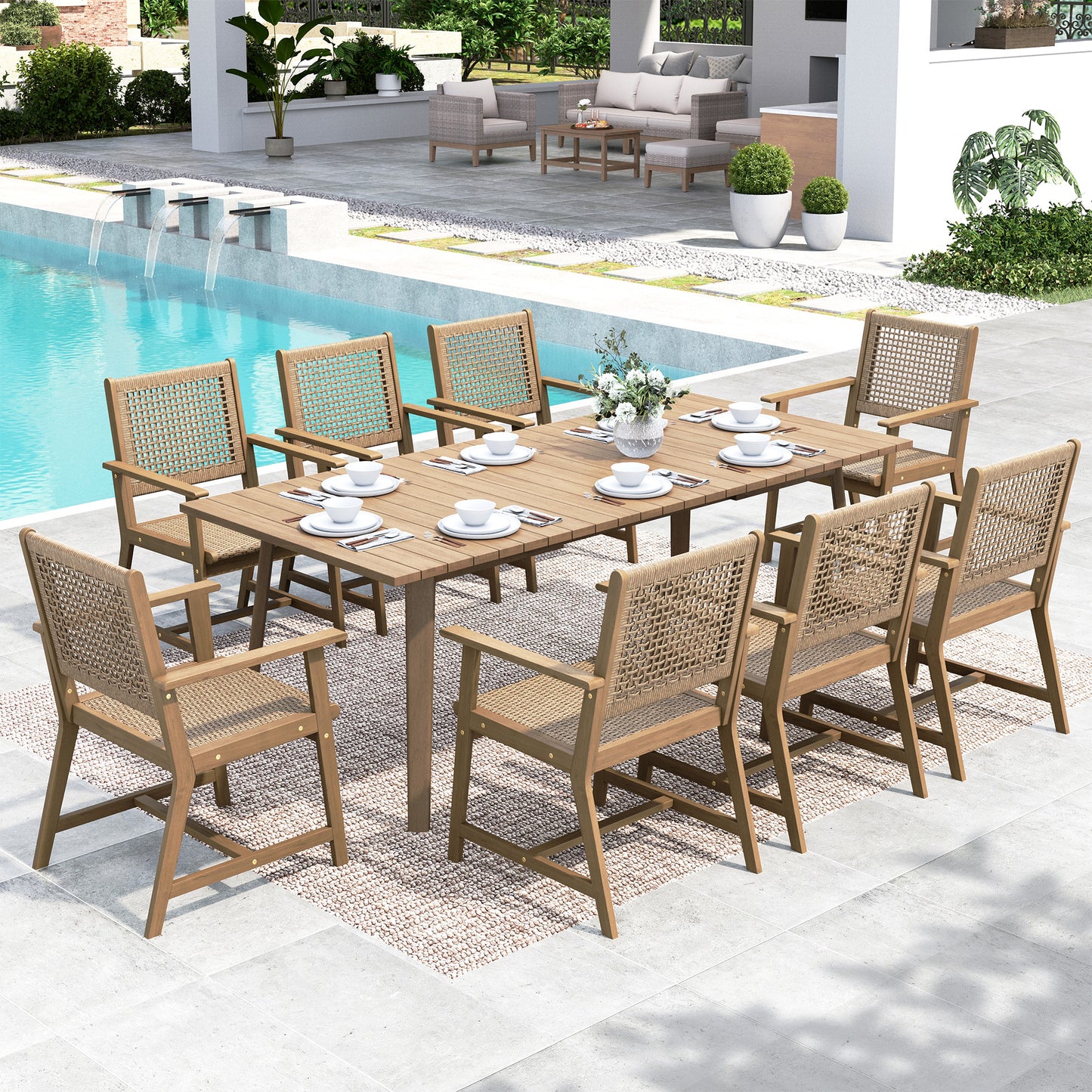 SUMMIT LIVING 9-Piece Acacia Wood Outdoor Patio Dining set with 8 Wooden Chairs with Rattan Seat & Back and Acacia Wood Table