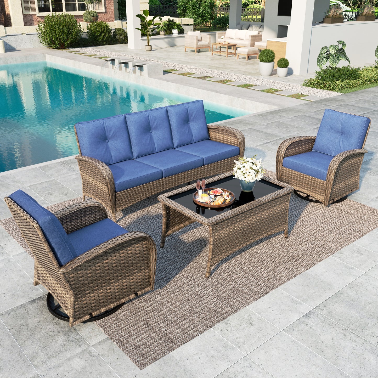 SUMMIT LIVING Outdoor Patio Furniture Set with Swivel Glider Rocking Chairs, 4-Piece Wicker Outdoor Patio Conversation Set with Glass Top Coffee Table, Navy Blue