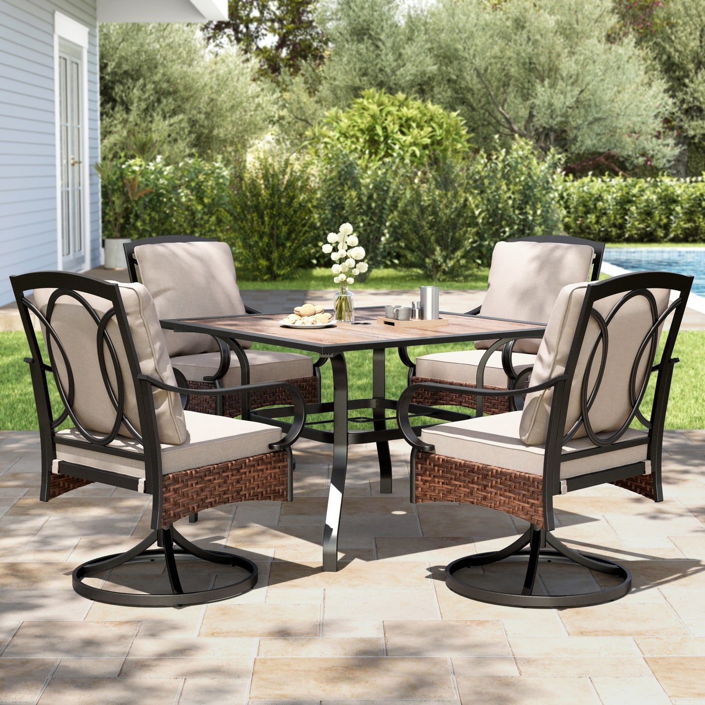MF Studio 5-Piece Outdoor Patio Dining Furniture Set, Wood-Look Square Patio Table and Swivel Chairs with Cushions, Black & Beige