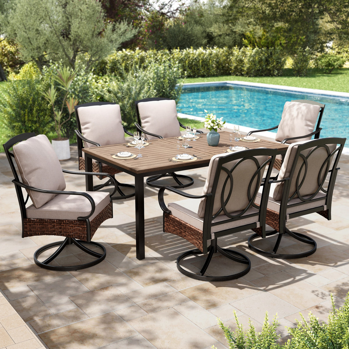 SUMMIT LIVING 7-Piece Outdoor Patio Dining Set, Wood-Grain Patio Table and Swivel Chairs with Cushions, Beige
