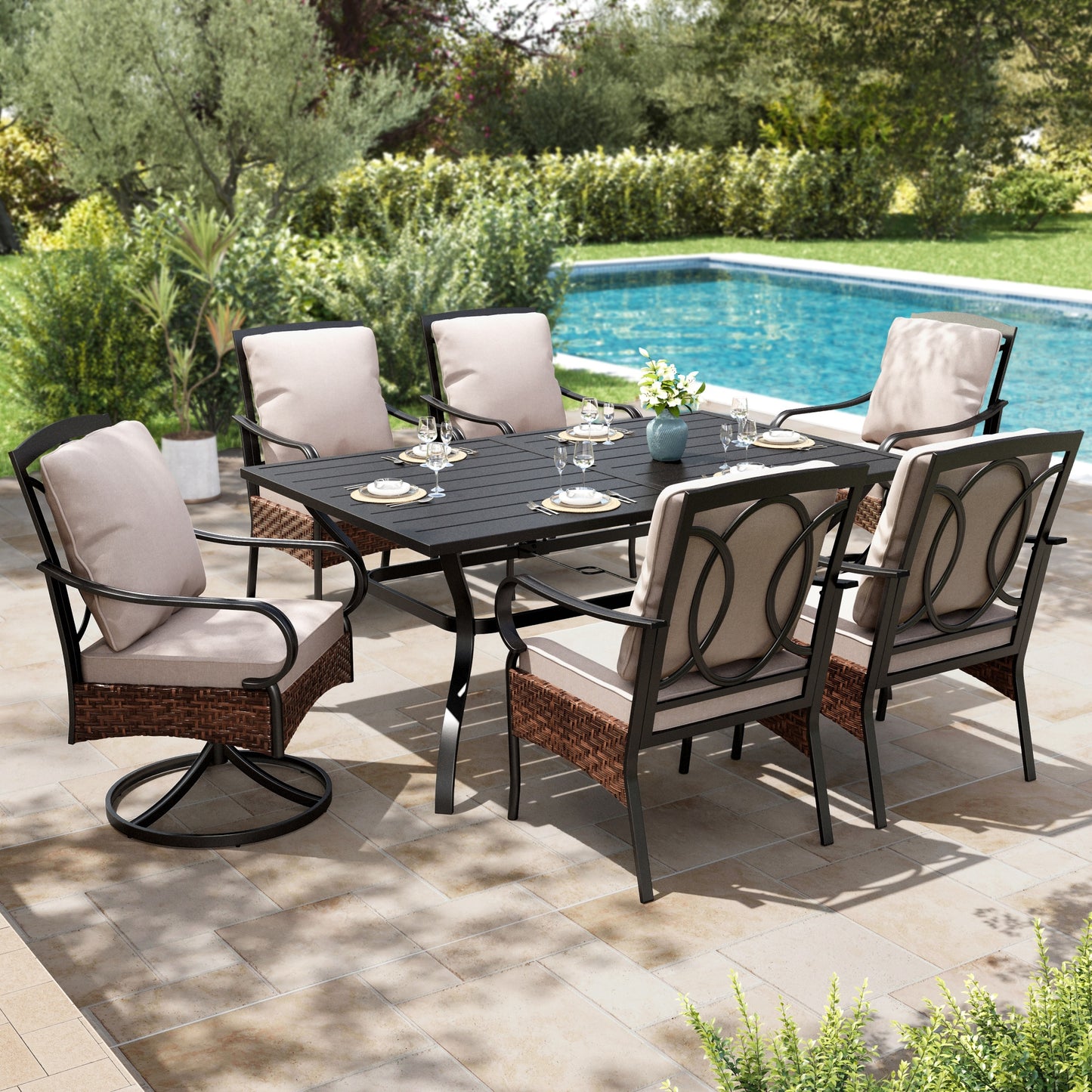 SUMMIT LIVING 7-Piece Outdoor Patio Dining Set, Swivel Wicker Chairs with Cushions & Patio Table with Umbrella Hole for 6-Person, Black & Beige