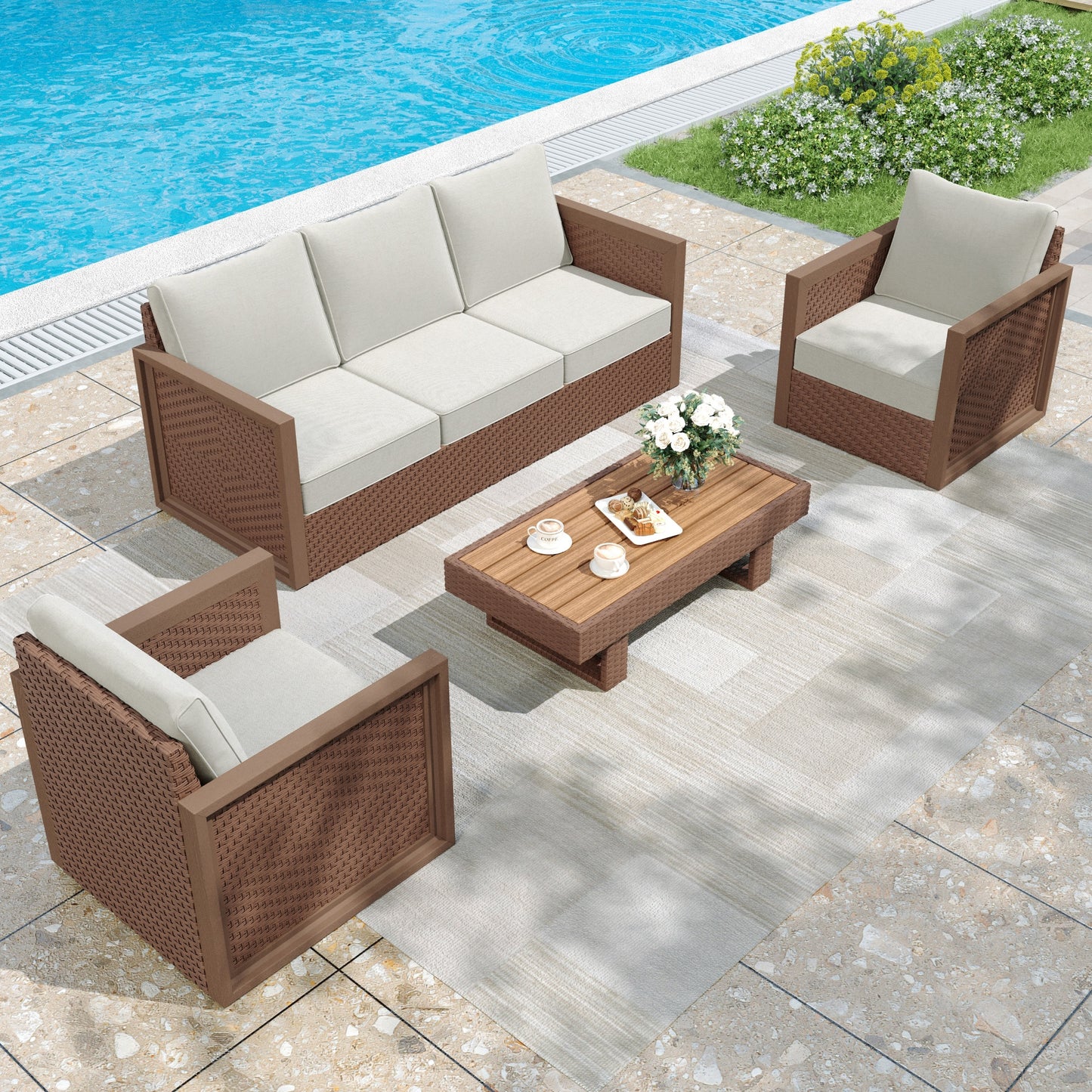 MF Studio 4-Piece HDPE Outdoor Patio Furniture Set, Wicker Outdoor Patio Conversation Set with Wood-Grain Rattan Coffee Table, Beige