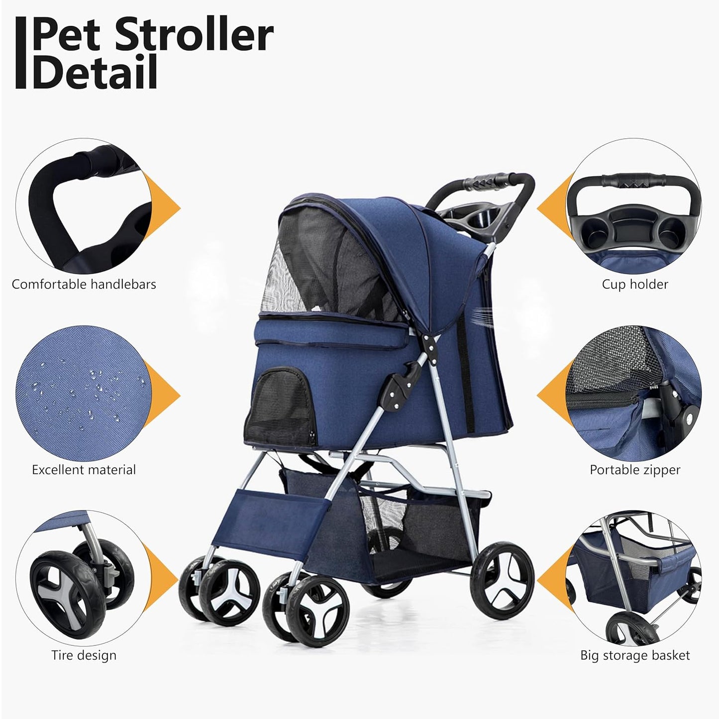 Grandtail Dog Stroller, Pet Stroller for Small Dogs Cats with Storage Basket Cup Holder, up to 33lbs (Blue)