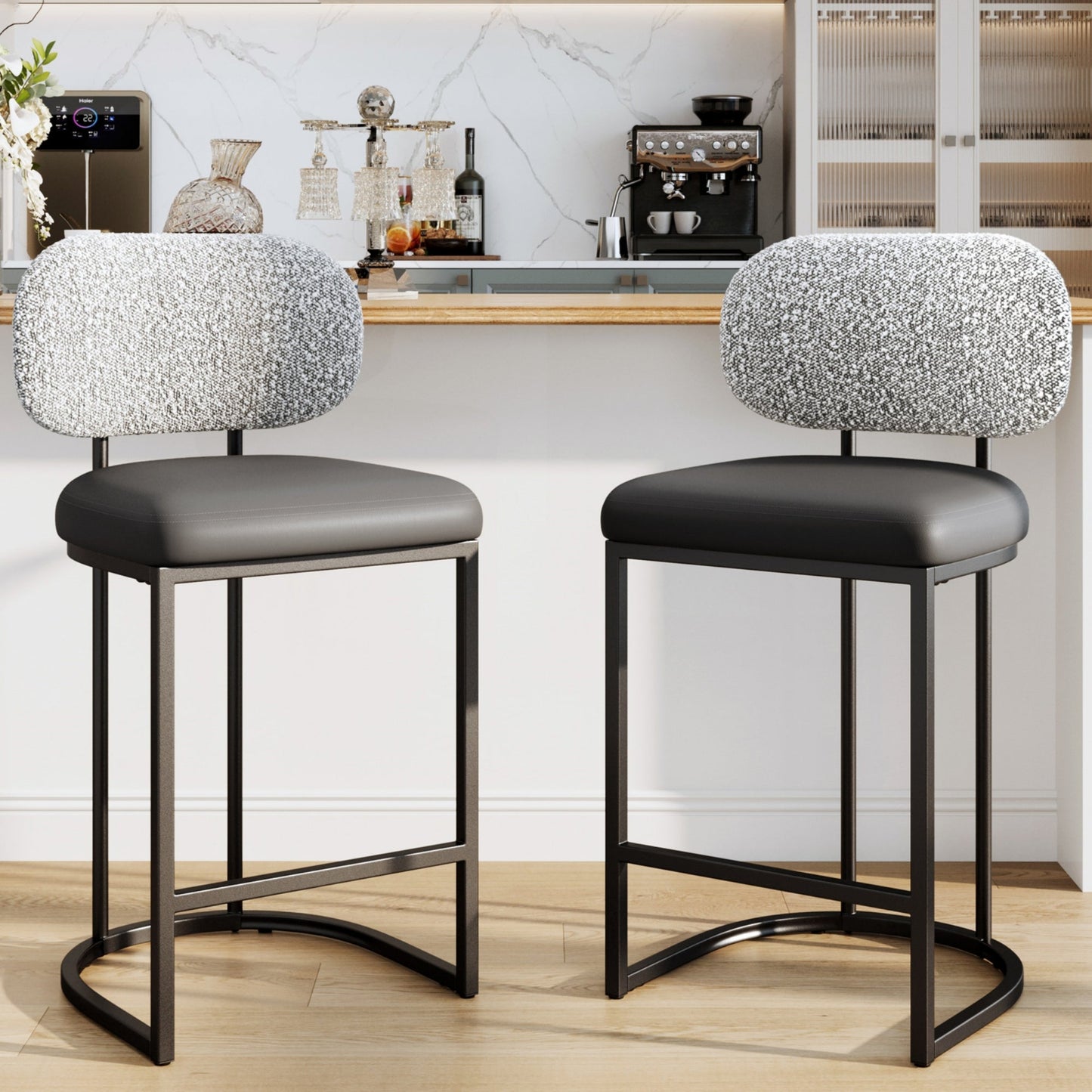 MF Studio Counter Height Bar Stool with Back Set of 2, 24.8" Modern PU Upholstered Bar Chair with Large Chenille Back and Metal Frame, Gray