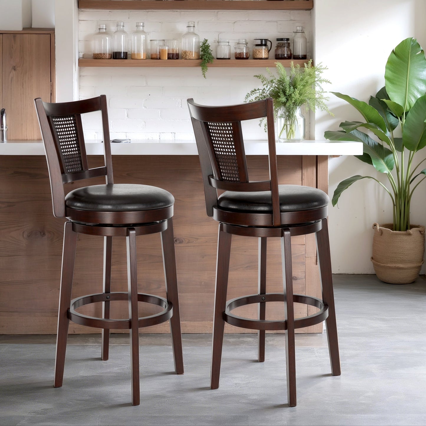 MF Studio Wood Swivel Bar Stool Set of 2, Bar Height Kitchen Stool with Back, 30 inch Upholstered Pub Chair, Cherry