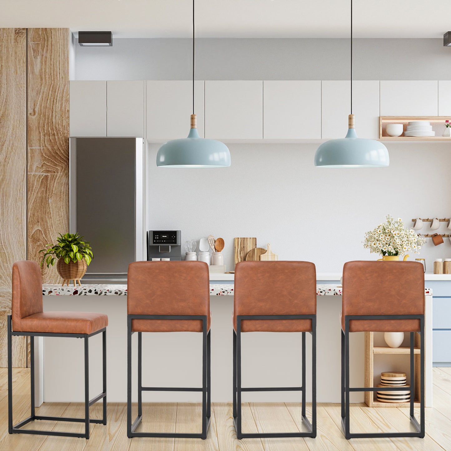 Summit Living 24 Inch Counter Height Bar Stools with Back for Kitchen, Upholstered Faux Leather Stools Farmhouse Island Chairs Set of 4, Black