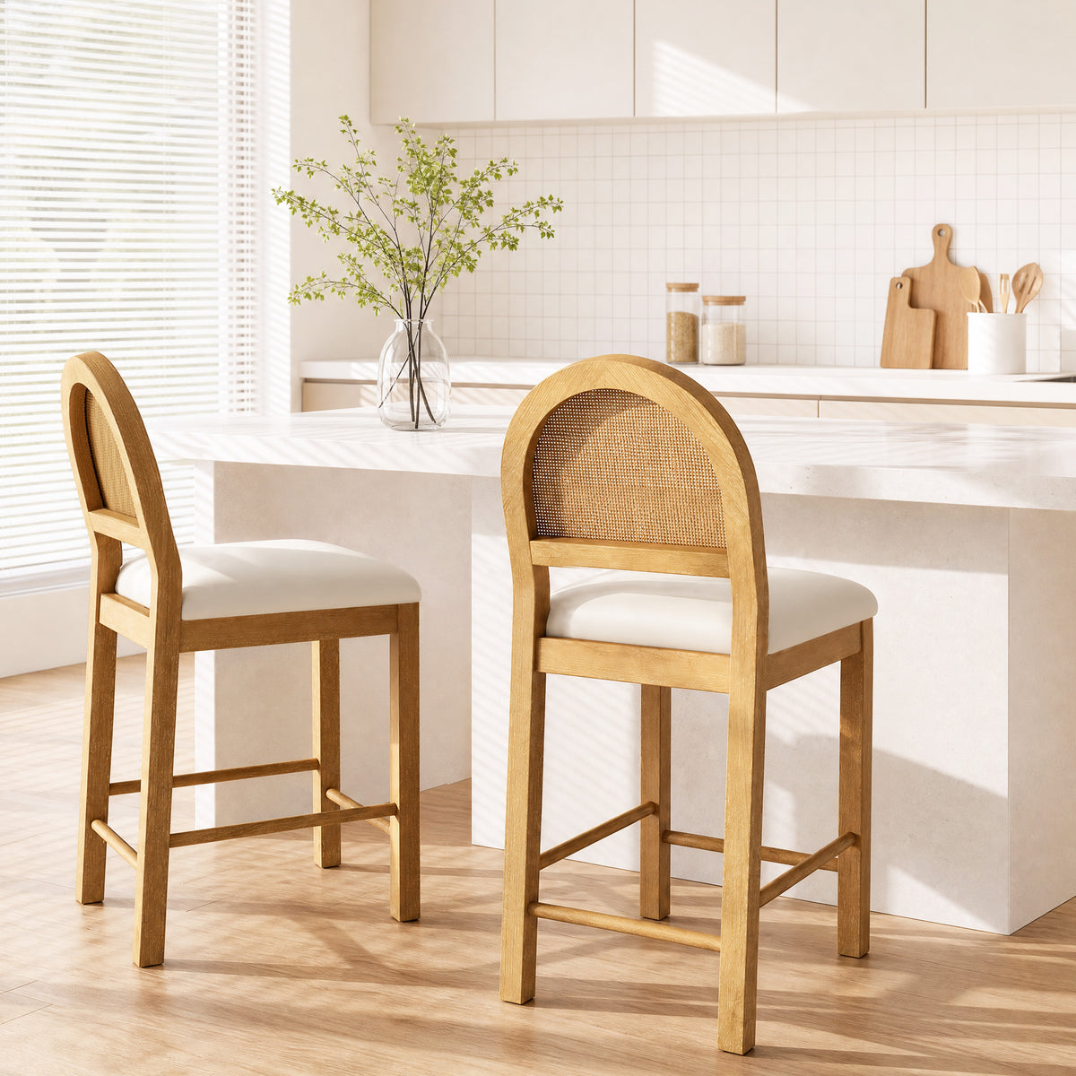 SUMMIT LIVING Counter Height Bar Stool with Back Set of 2, Faux Leather Upholstered Seat, Solid Rubber Wood Frame for Kitchen Island, Ivory