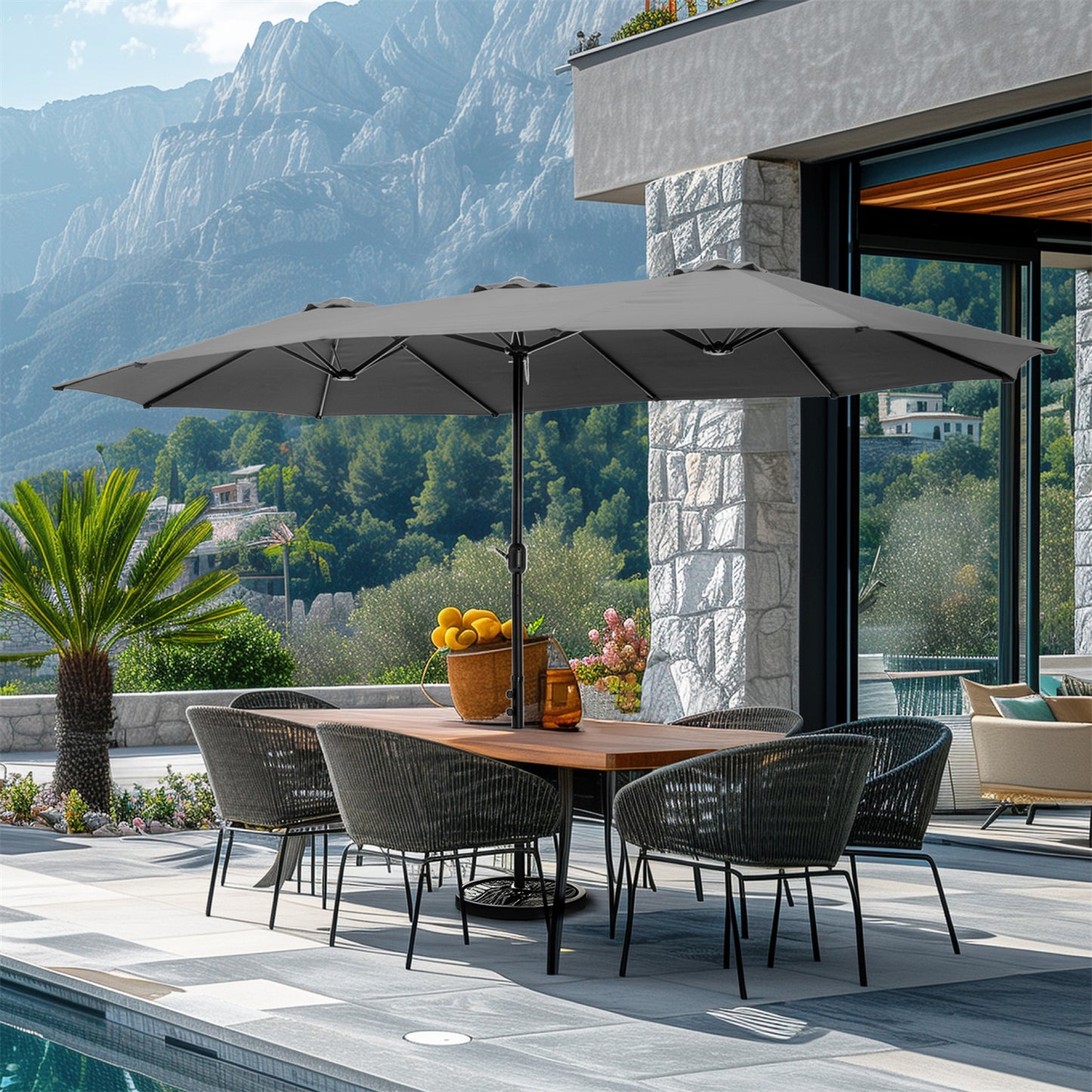 Summit Living 15 FT Patio Umbrella with Base Included Large Outdoor Market Umbrella Gray