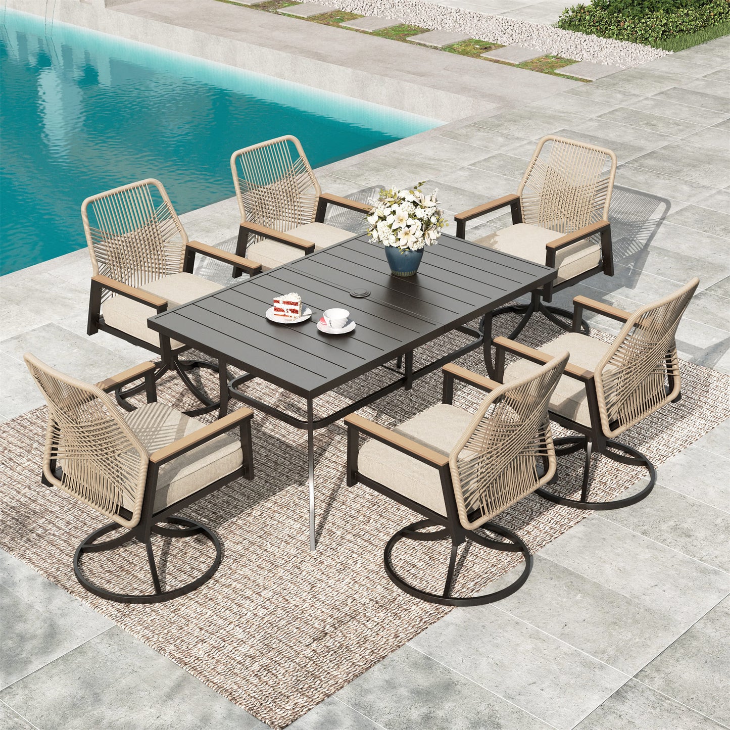 MF Studio 7-Piece Patio Dining Set, Swivel All-Weather Rattan Rope Chair and Rectangular Table with Umbrella Hole, Outdoor Table and Chairs Set, Black and Beige