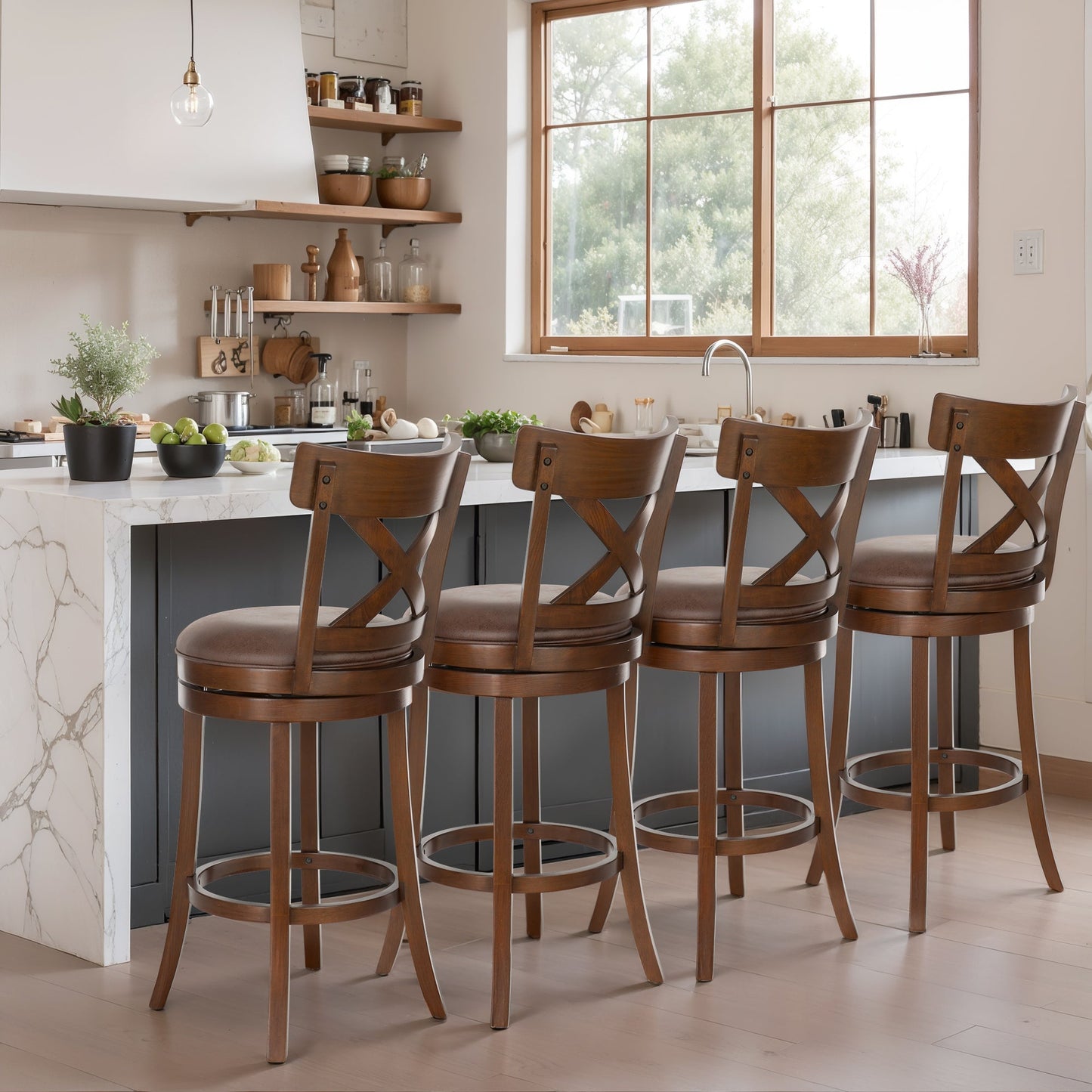 MF Studio Wood Swivel Bar Stool Set of 4, Bar Height Kitchen Stool with Open X Back, 30 inch Upholstered Pub Chair, Brown