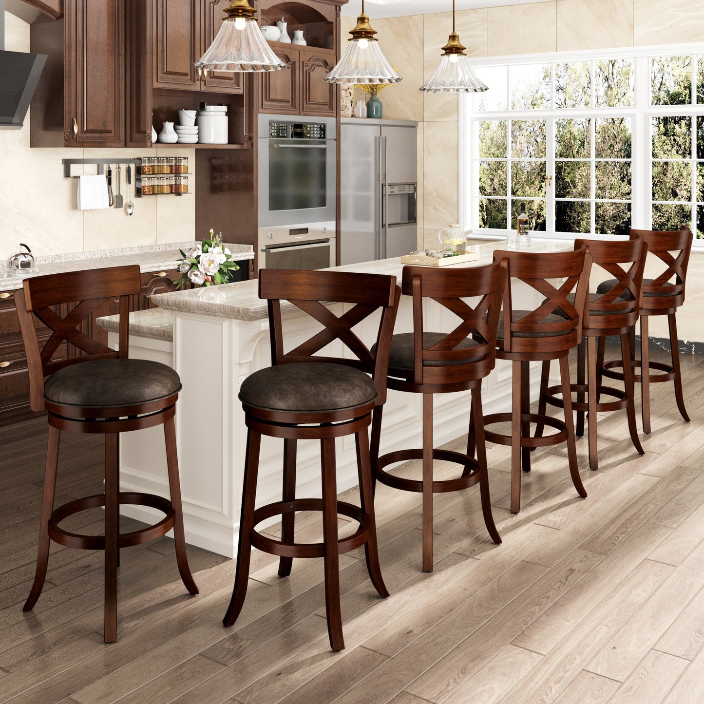 MF Studio Wood Swivel Bar Stool Set of 6, Bar Height Kitchen Stool with Open X Back, 30 inch Upholstered Pub Chair, Walnut