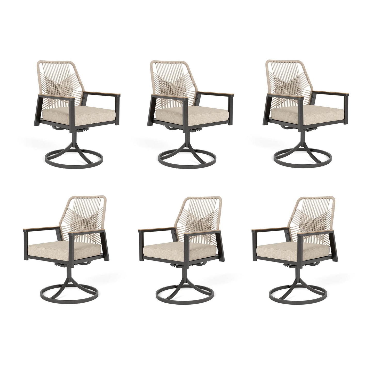 MF Studio Patio Dining Chairs Set of 6 , Outdoor Swivel All-Weather Rattan Rope Chairs with Cushions and Wood-Grain Armrests, Black and Beige