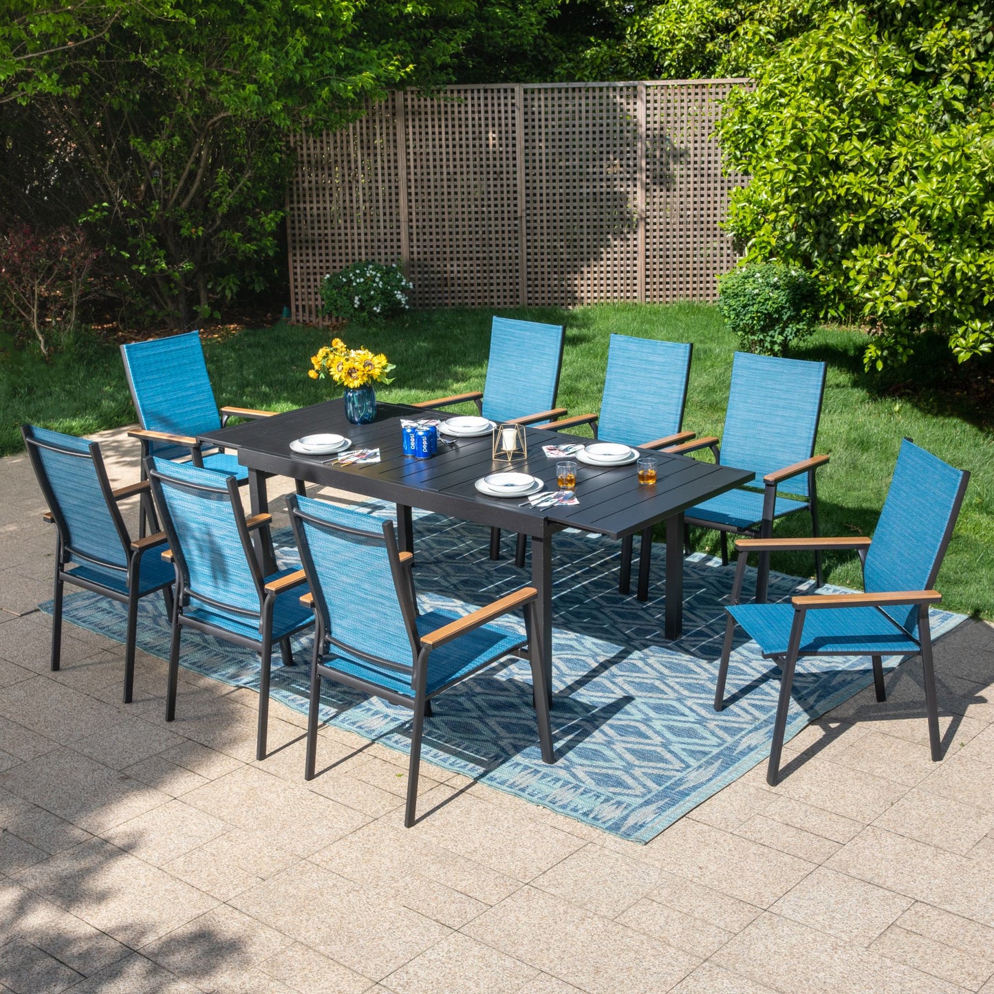 Summit Living 8-seat Outdoor Patio Dining Set with 8 Stackable Blue Aluminum Armchairs & 1 Black Expandable Metal Steel Table