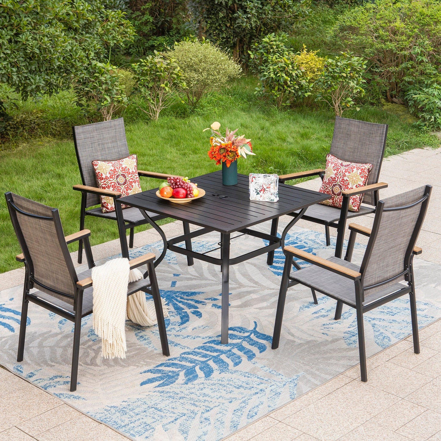 Summit Living 5 Piece Outdoor Patio Dining Set with 4 Pieces Aluminum Armchairs &1 Piece Metal Steel Table,Black&Gray
