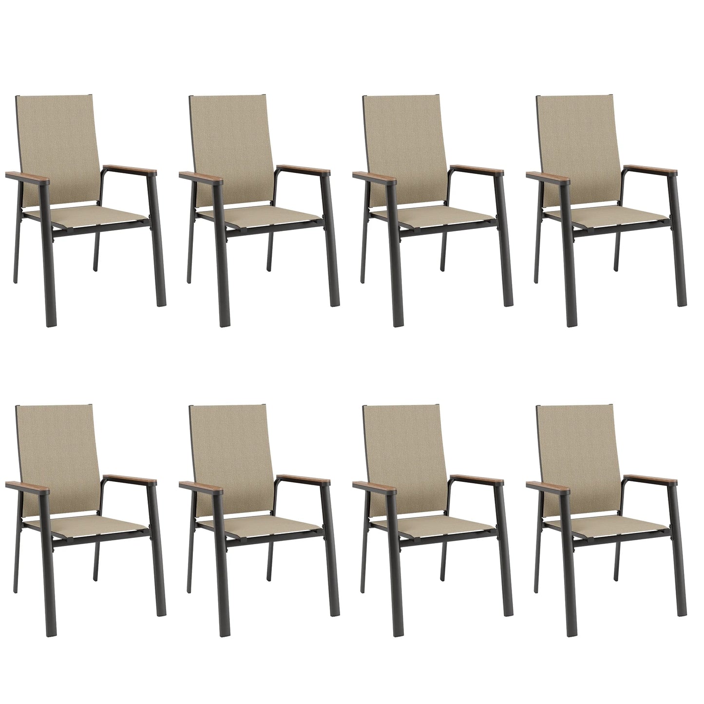 Summit Living Set of 8 Outdoor Patio Dining Stackable Chairs with Aluminum Frame & Textilene Seat, Black & Beige