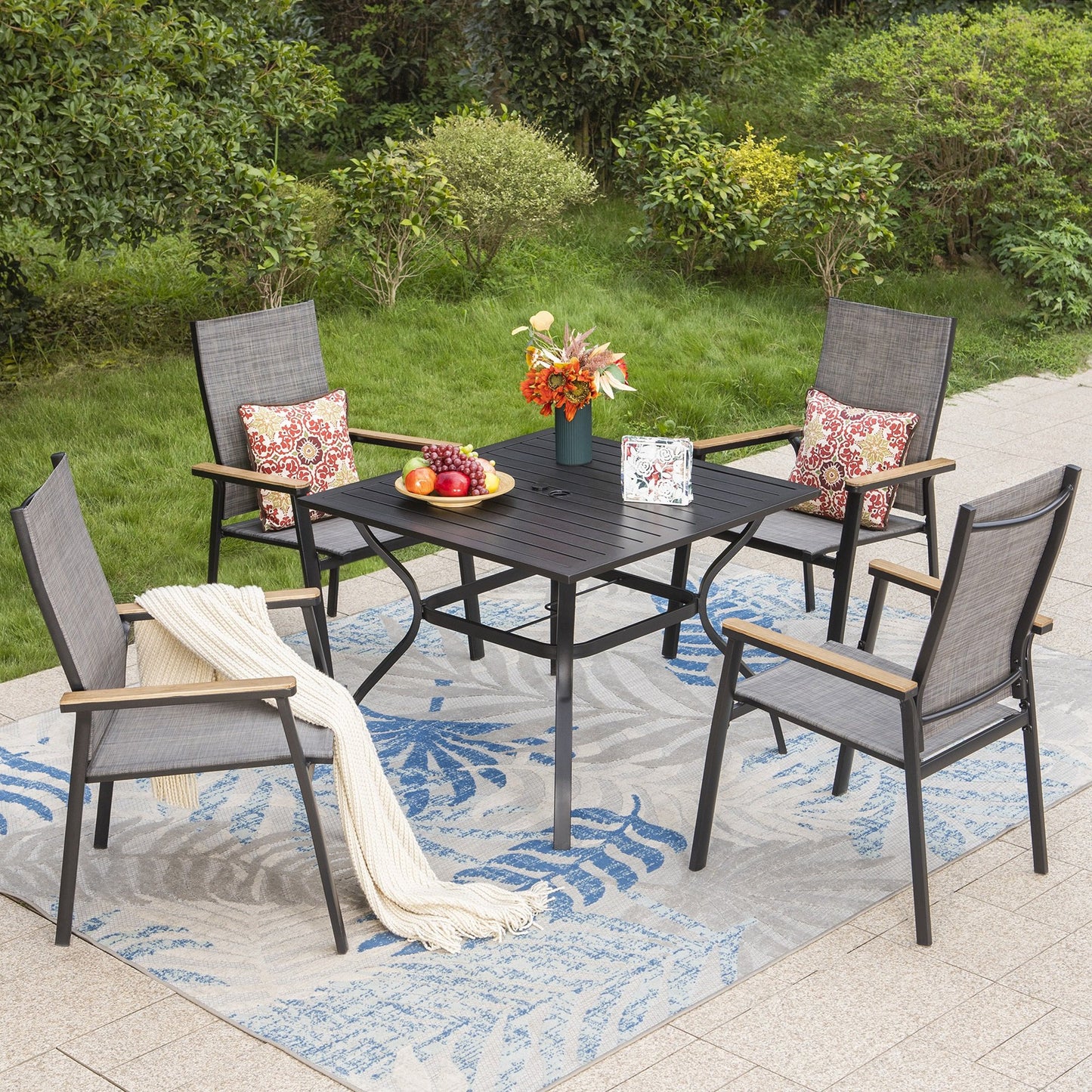 MF Studio 5-Piece Outdoor Patio Dining Set with Stackable Aluminum Armchairs & Square Dining Table, Black & Gray