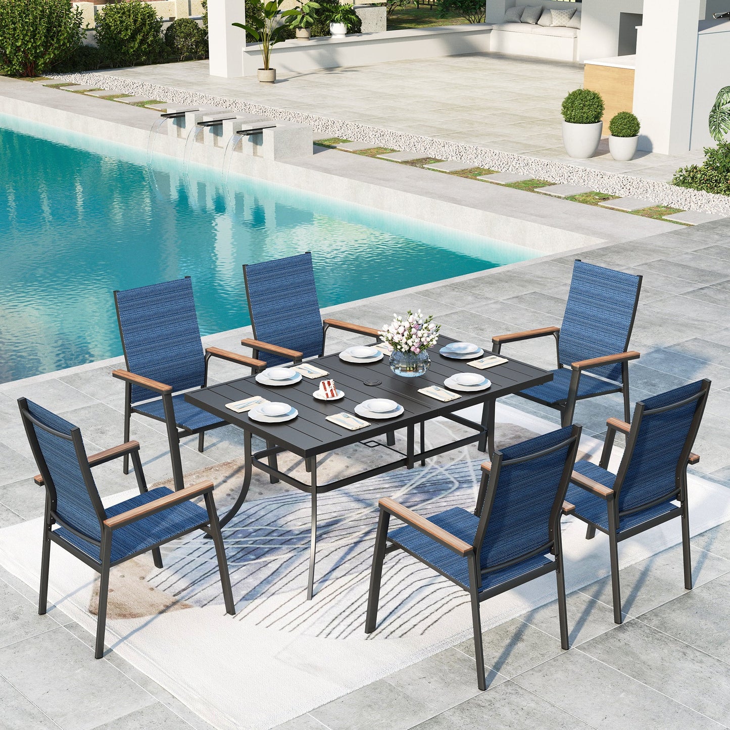 Summit Living 6-seat Outdoor Patio Dining Set with 6 Stackable Blue Aluminum Armchairs & 1 Black Metal Steel Rectangular Table with Umbrella Hole