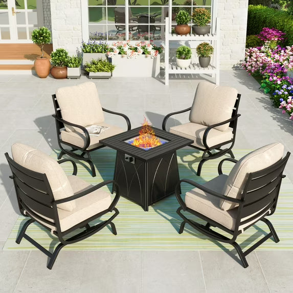 Summit Living 5 PCS Outdoor Furniture with 28 Fire Pit Table Patio Conversation Set for 4 People, Beige Cushion