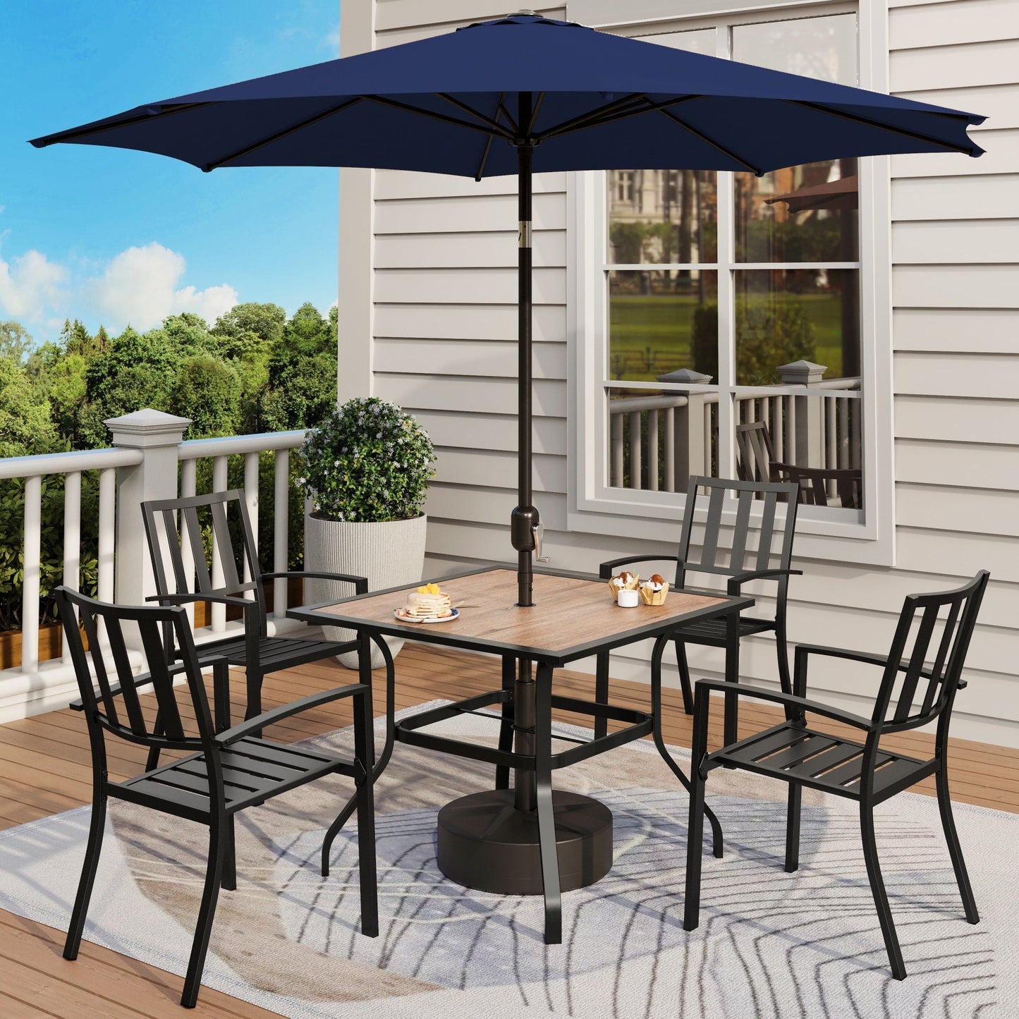 MF Studio 6-Piece Outdoor Patio Dining Set with 9 ft Umbrella, All-Weather Metal Steel Furniture with Stacking Chairs, Black & Navy Blue