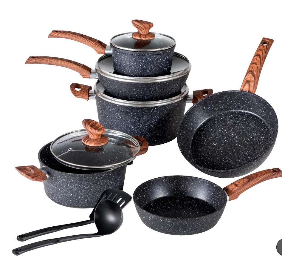 MF Studio 12-Piece Cookware Set Granite Nonstick Pots and Pans Dishwasher Safe, Black