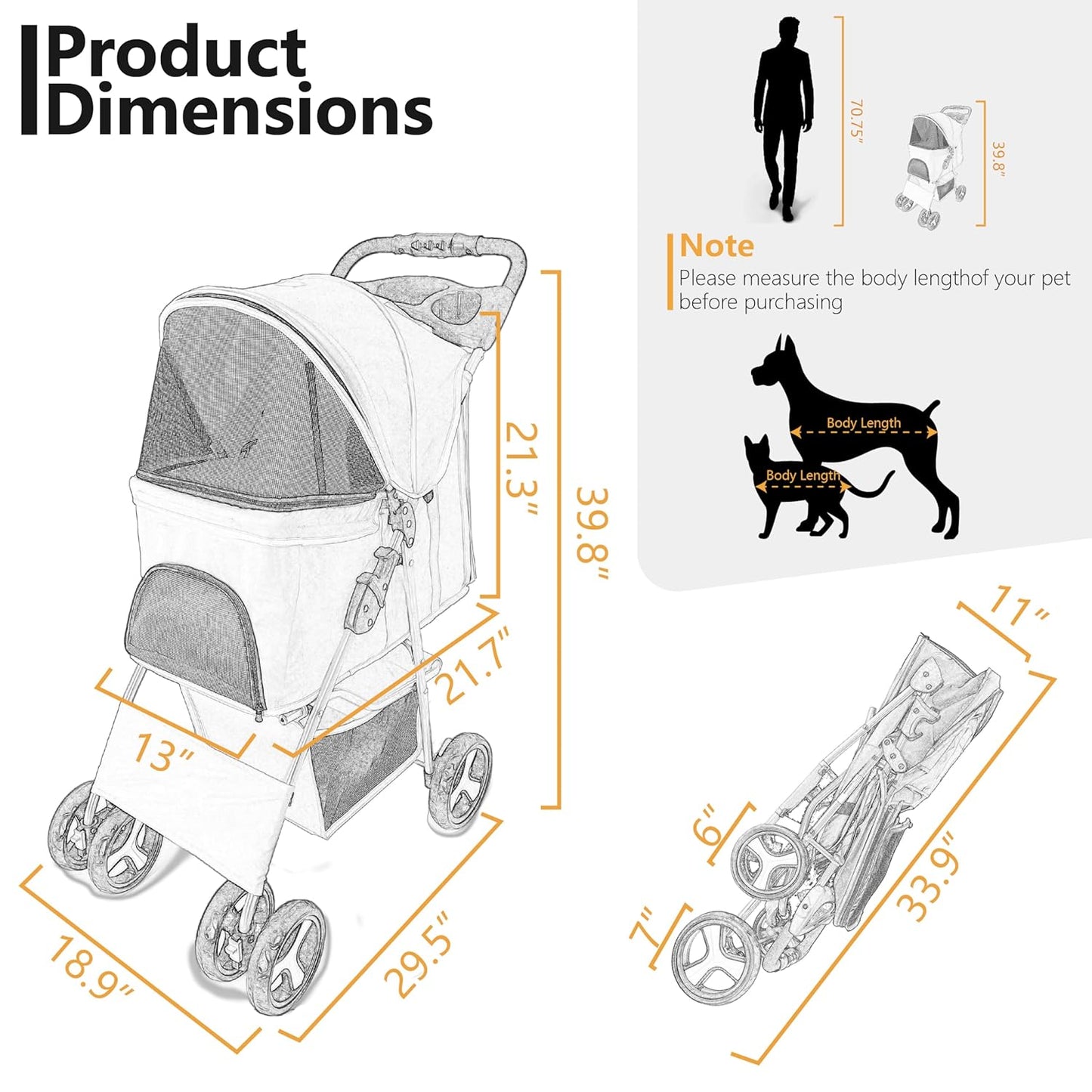 Grandtail Dog Stroller, Pet Stroller for Small Dogs Cats with Storage Basket Cup Holder, up to 33lbs (Blue)