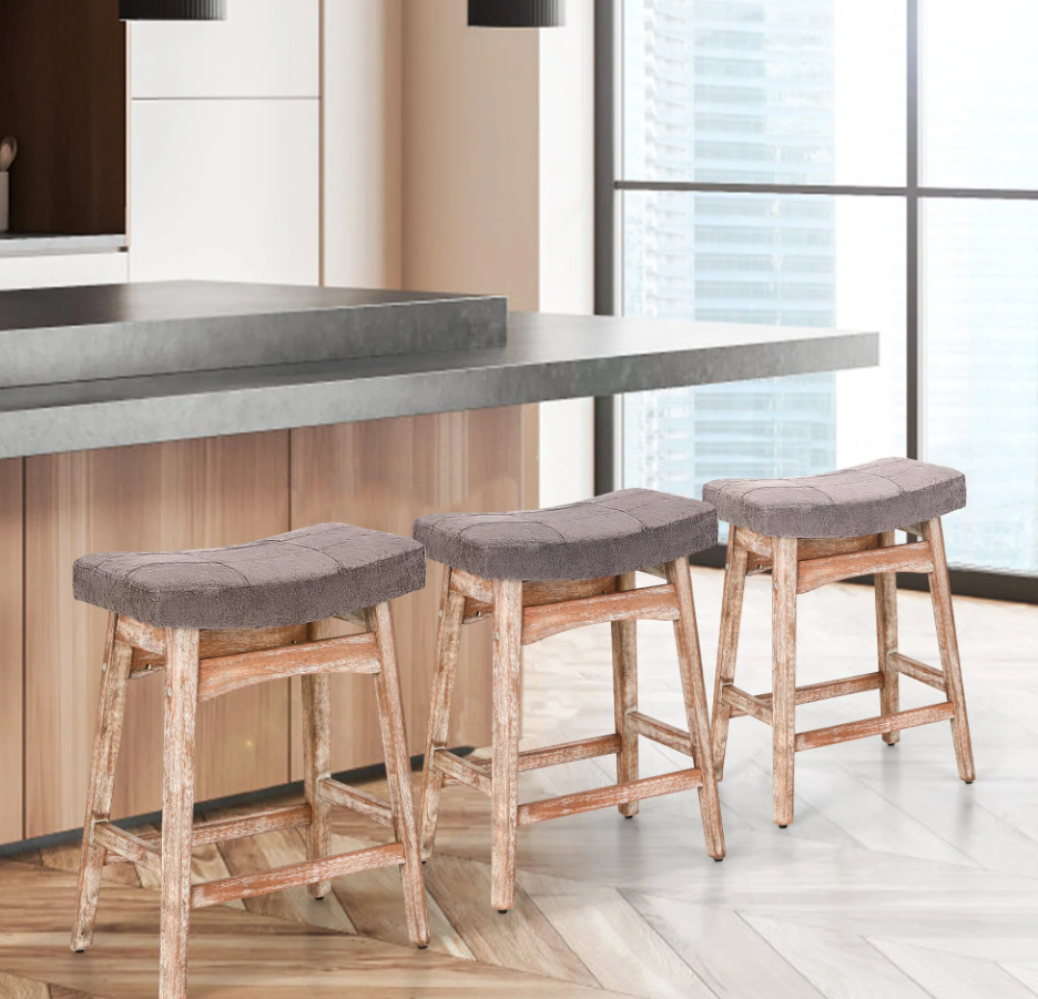 Summit Living 24 inch 3 Pieces Backless Wooden Saddle Bar Stool for Kitchen Counter, Linen Backless Counter Height Stools, Gray