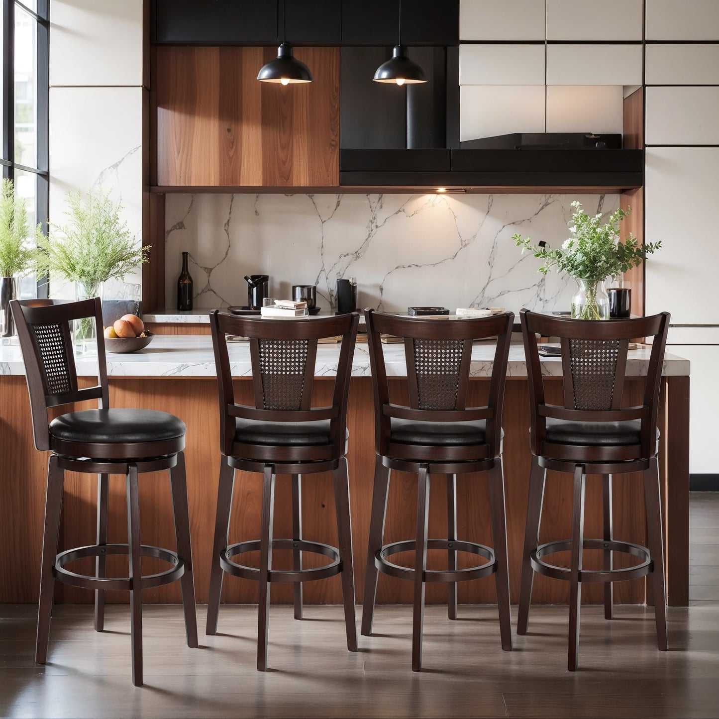 MF Studio Wood Swivel Bar Stool Set of 4, Bar Height Kitchen Stool with Back, 30 inch Upholstered Pub Chair, Cherry