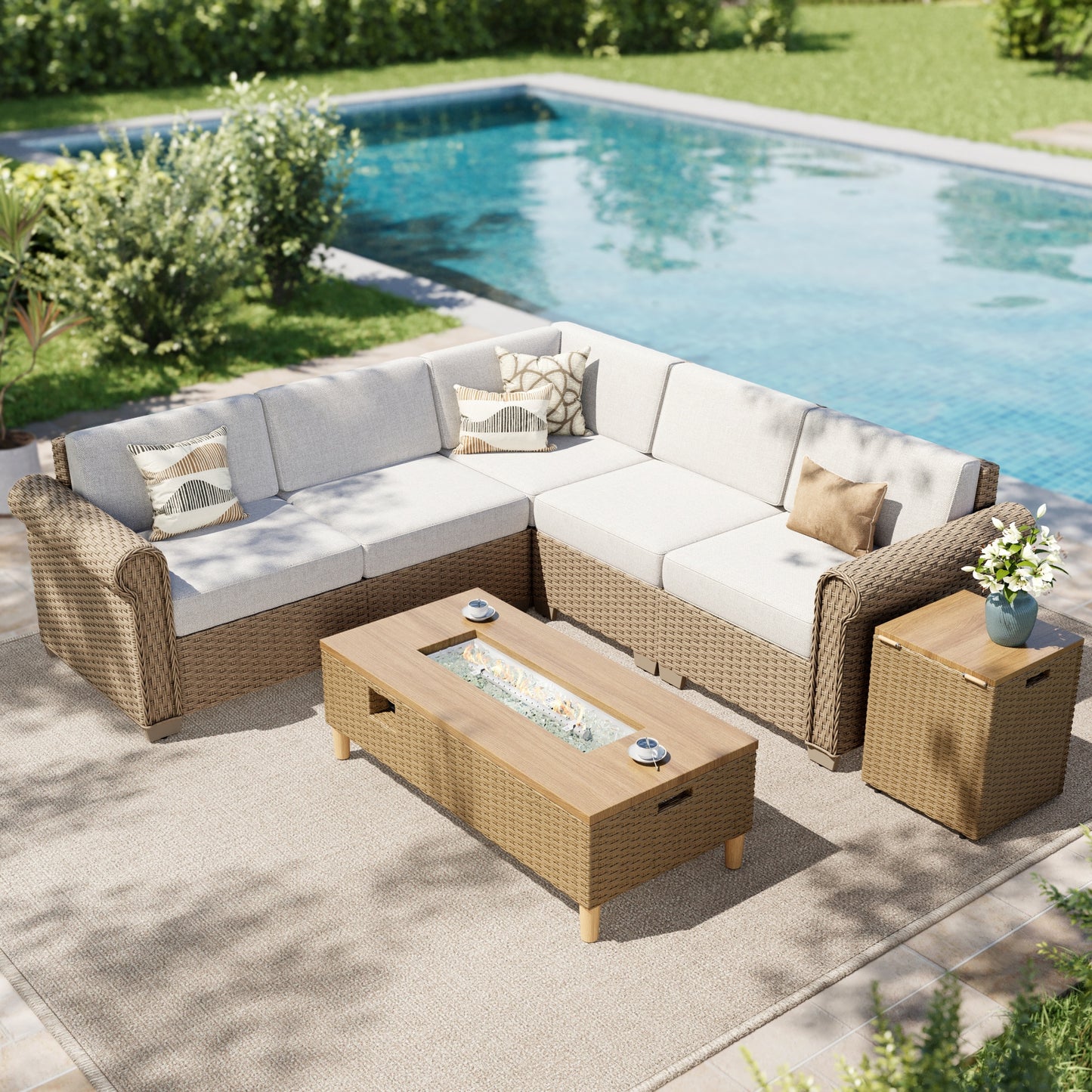 SUMMIT LIVING 5-Seat Wicker Outdoor Patio Furniture Set with 42" Fire Pit Table, Outdoor Patio Sectional Set with 2 in 1 50000 BTU Propane Fire Pit Table with Hidden Tank Table