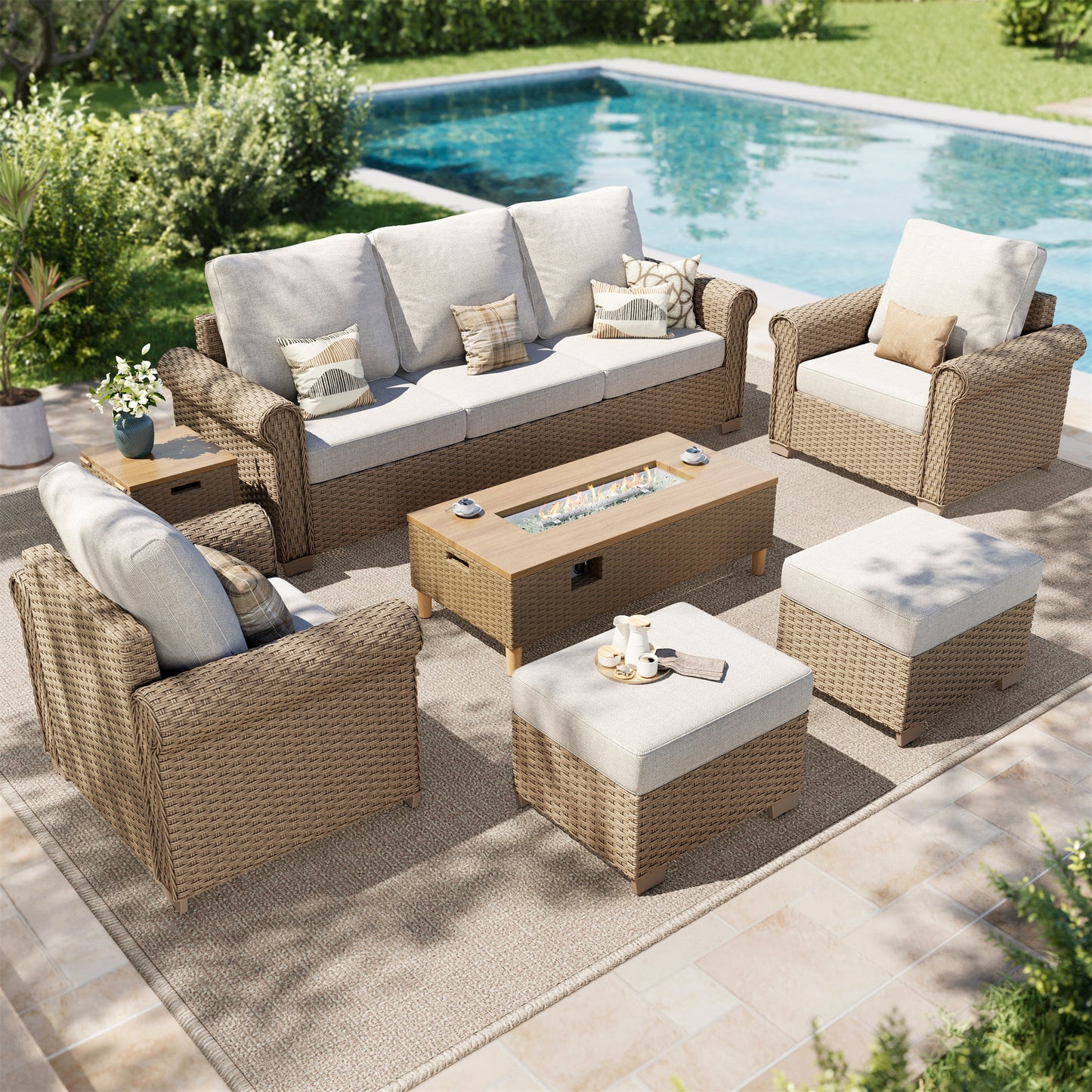 SUMMIT LIVING All-Weather Wicker Patio Furniture Set With 42" Fire Pit Table, 7-Piece Outdoor Patio Conversation Set with 2 Ottomans, Beige