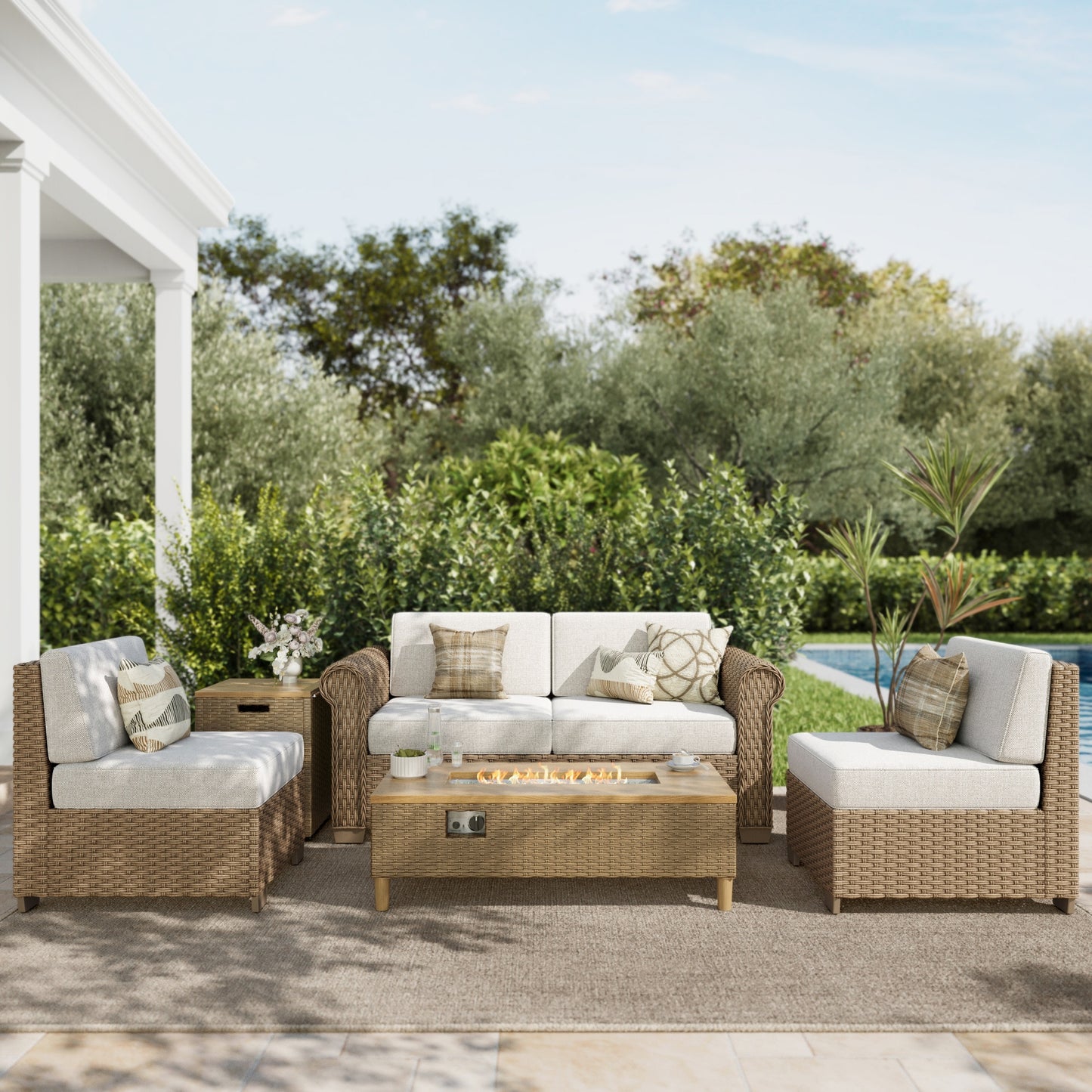 SUMMIT LIVING 4-Seat Wicker Outdoor Patio Furniture Set with 42" Fire Pit Table, Outdoor Patio Sectional Set with 2 in 1 50000 BTU Propane Fire Pit Table with Hidden Tank Table