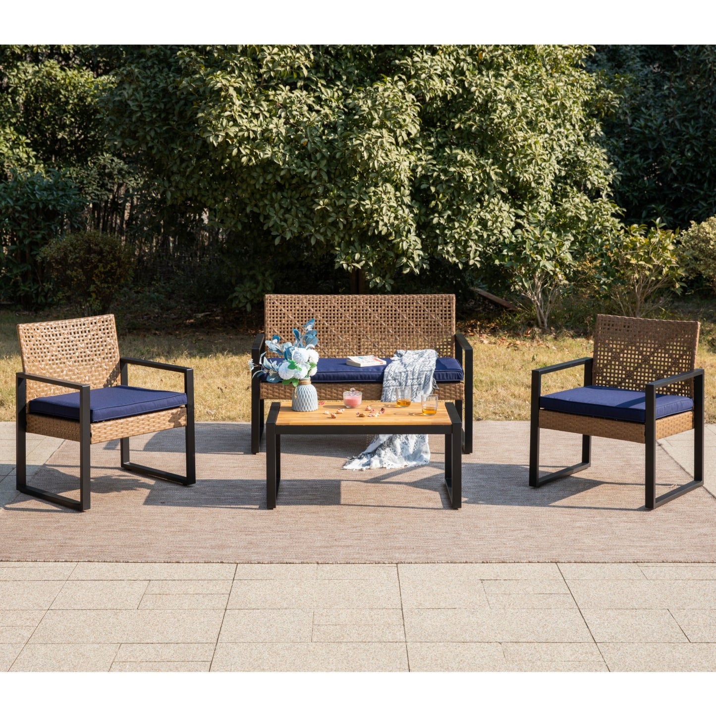 MF Studio 4-Piece All-Weather Rattan Patio Furniture Set, Outdoor Conversation Set with Wood Table, Brown and Navy Blue