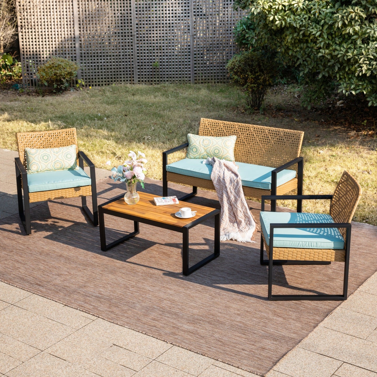 MF Studio 4-Piece All-Weather Rattan Patio Furniture Set, Outdoor Conversation Set with Wood Table, Yellow and Mint Green