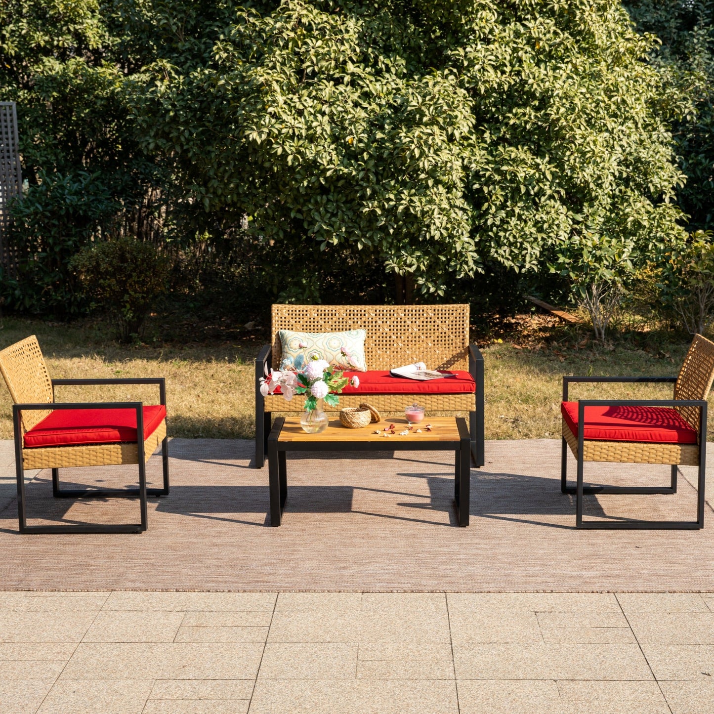 MF Studio 4-Piece All-Weather Rattan Patio Furniture Set, Outdoor Conversation Set with Wood Table, Yellow and Red