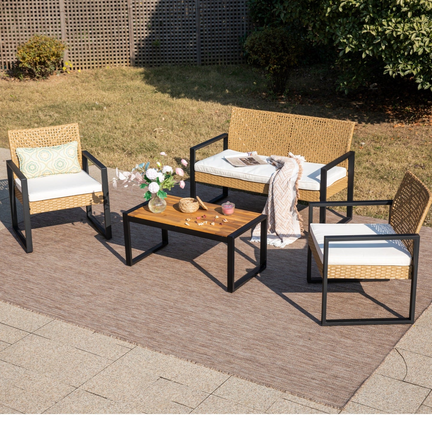 MF Studio 4-Piece All-Weather Rattan Patio Furniture Set, Outdoor Conversation Set with Wood Table, Yellow and Beige
