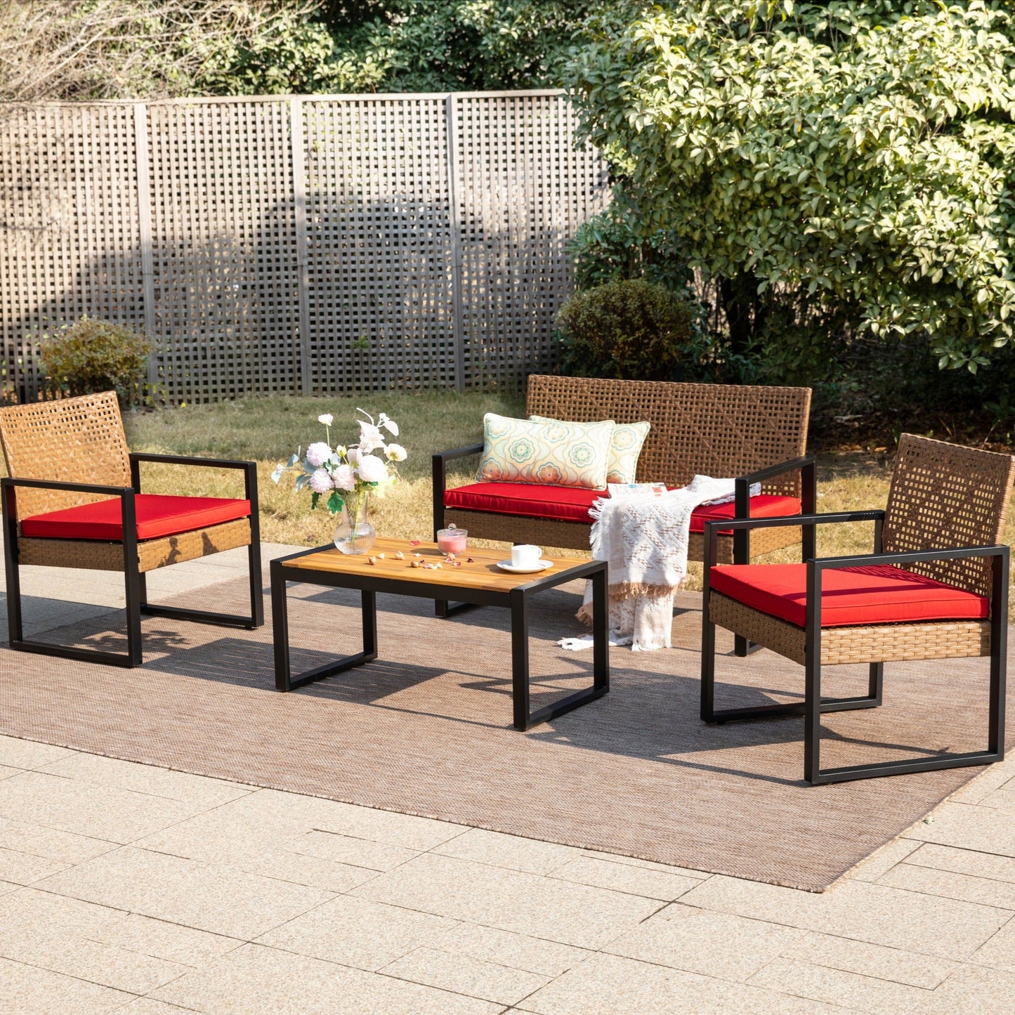 MF Studio 4-Piece All-Weather Rattan Patio Furniture Set, Outdoor Conversation Set with Wood Table, Brown and Red