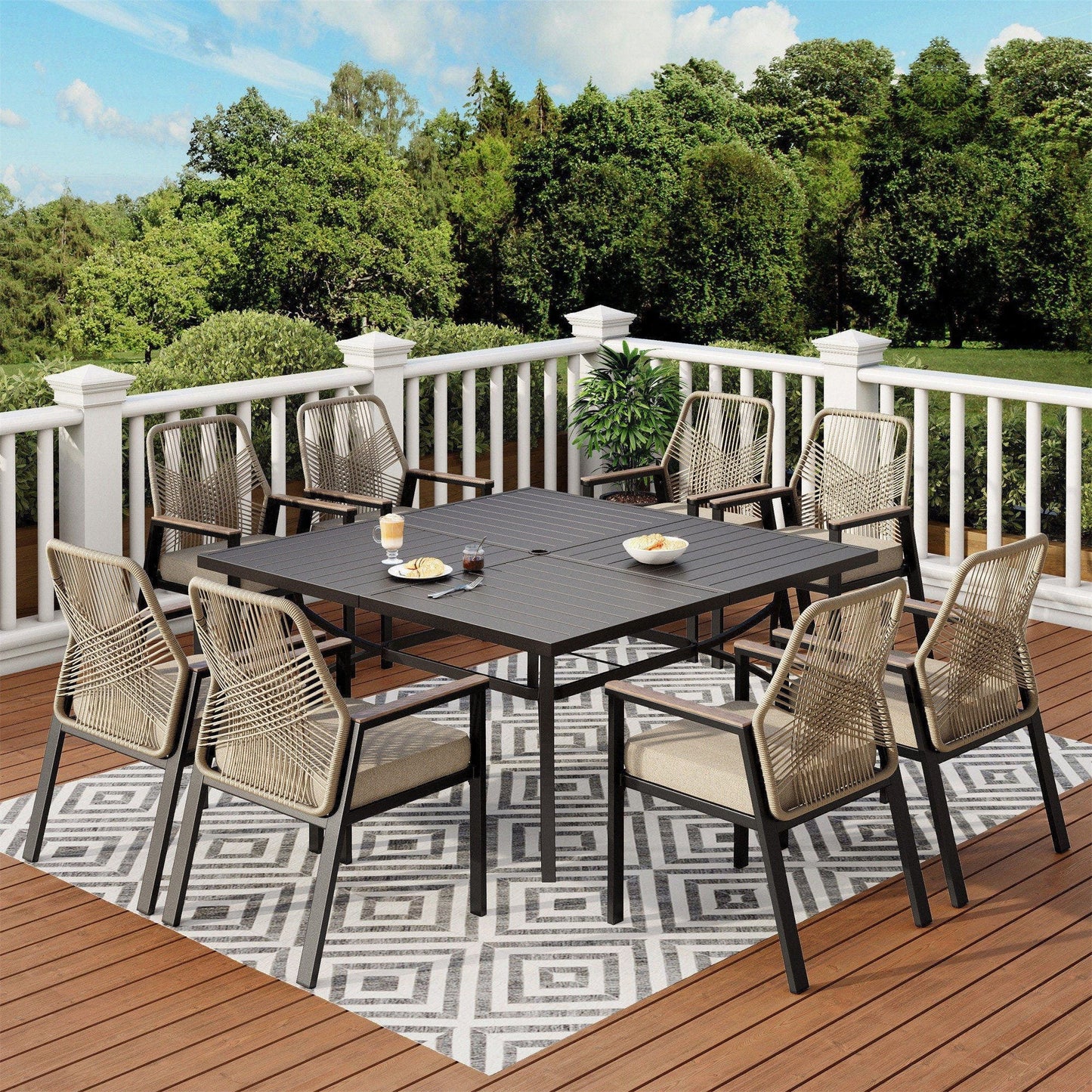 9-Piece Patio Dining Set, 8 Cushioned All-Weather Rattan Rope Chairs and 60" Large Square Table with Umbrella Hole