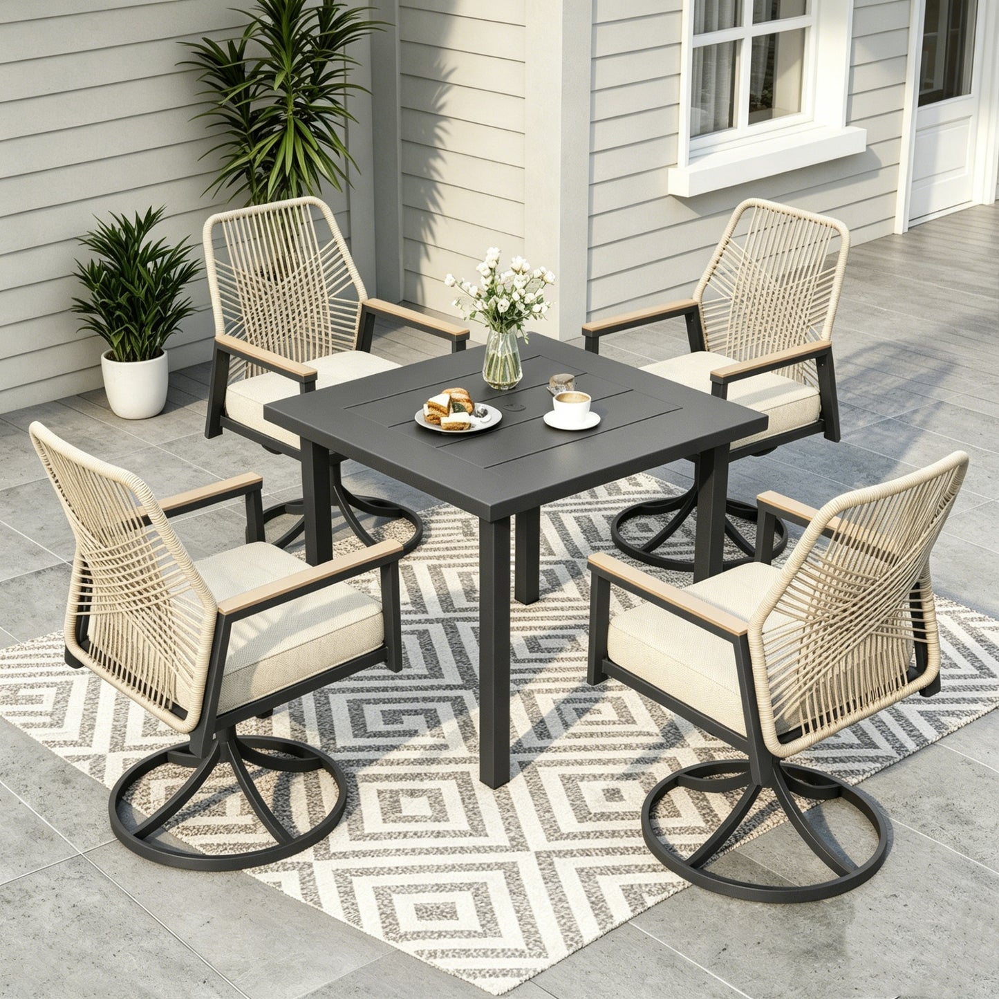MF Studio 5-Piece Outdoor Patio Dining Set, 4 Swivel Rattan Rope-Woven Chairs & 34.2" Square Table with 1.6"-2" Umbrella Hole, Black and Beige