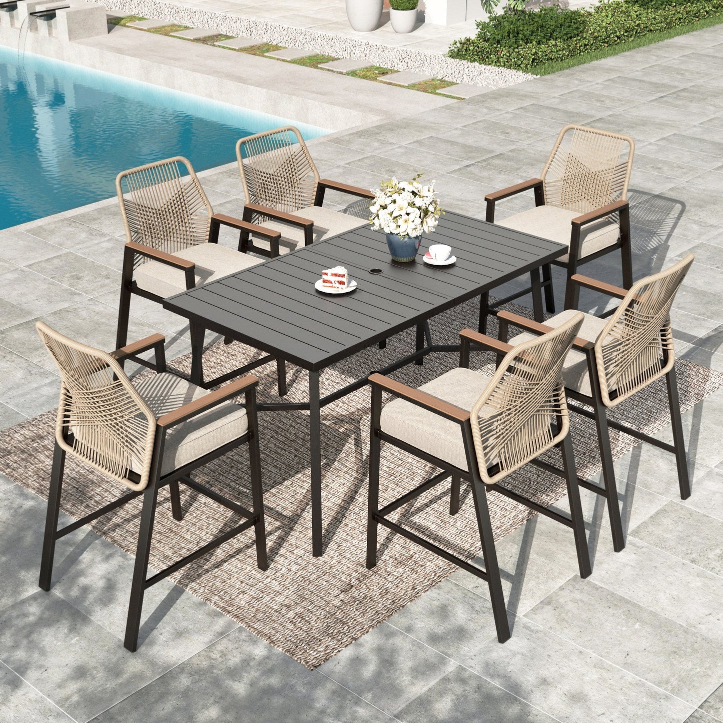 Summit Living 7-Piece Outdoor Patio Bar Set Dining Set, All-Weather Rattan Bar Height Table Set with Removable Cushions, 67¡± Rectangle Bar Table