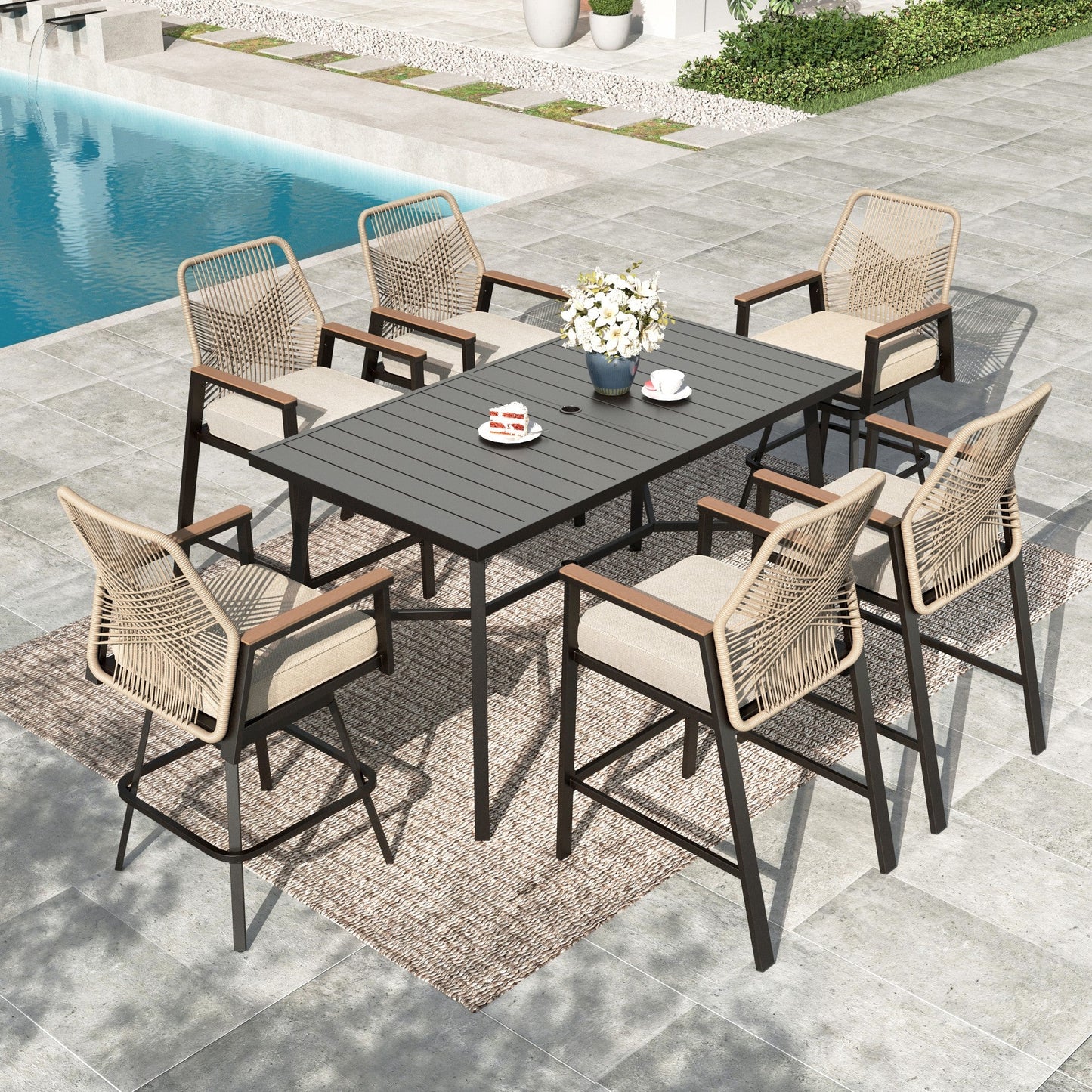 Summit Living 7-Piece Outdoor Patio Bar Set, All-Weather Rattan Bistro Set Dining Set with Fixed & 2 Swivel Patio Bar Stools, 67¡± Rectangle Bar Table