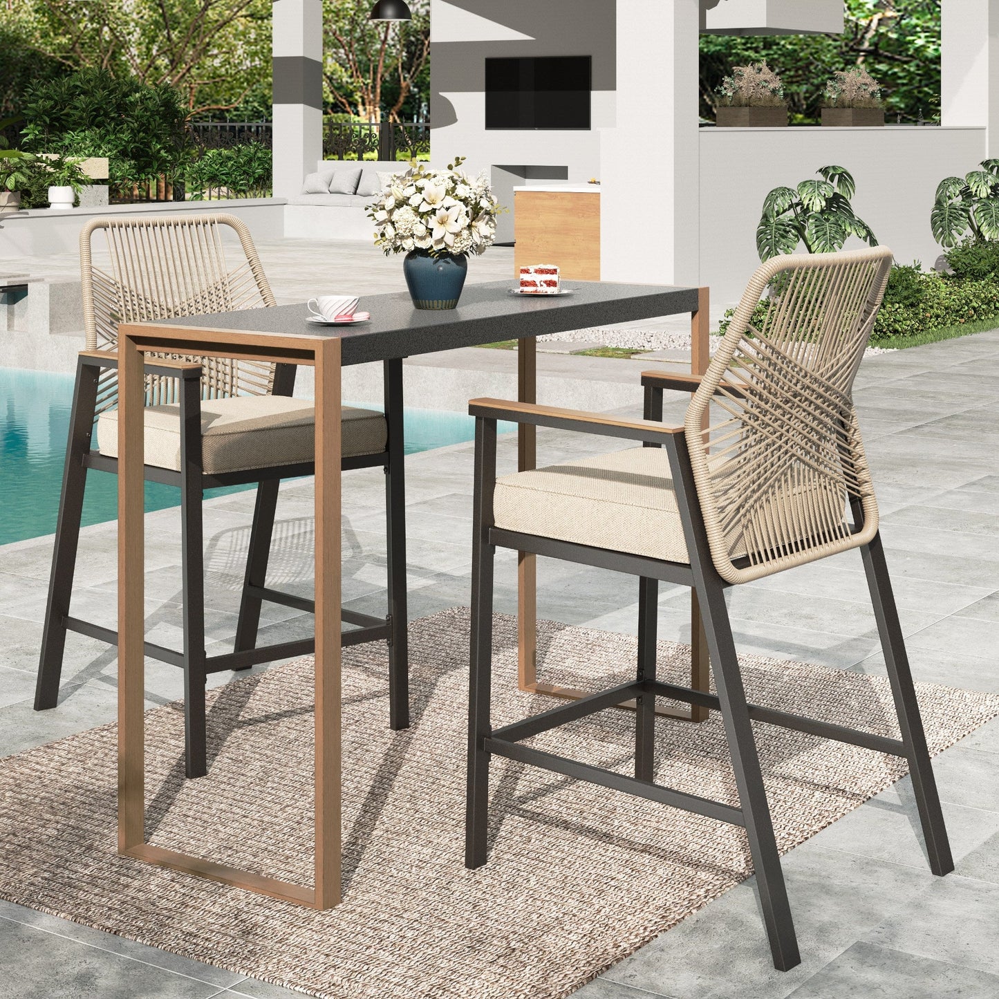 Summit Living 3-Piece Outdoor Patio Bar Set, All-Weather Rattan Bistro Set Dining Set with Removable Cushions, Rectangle Bar Table