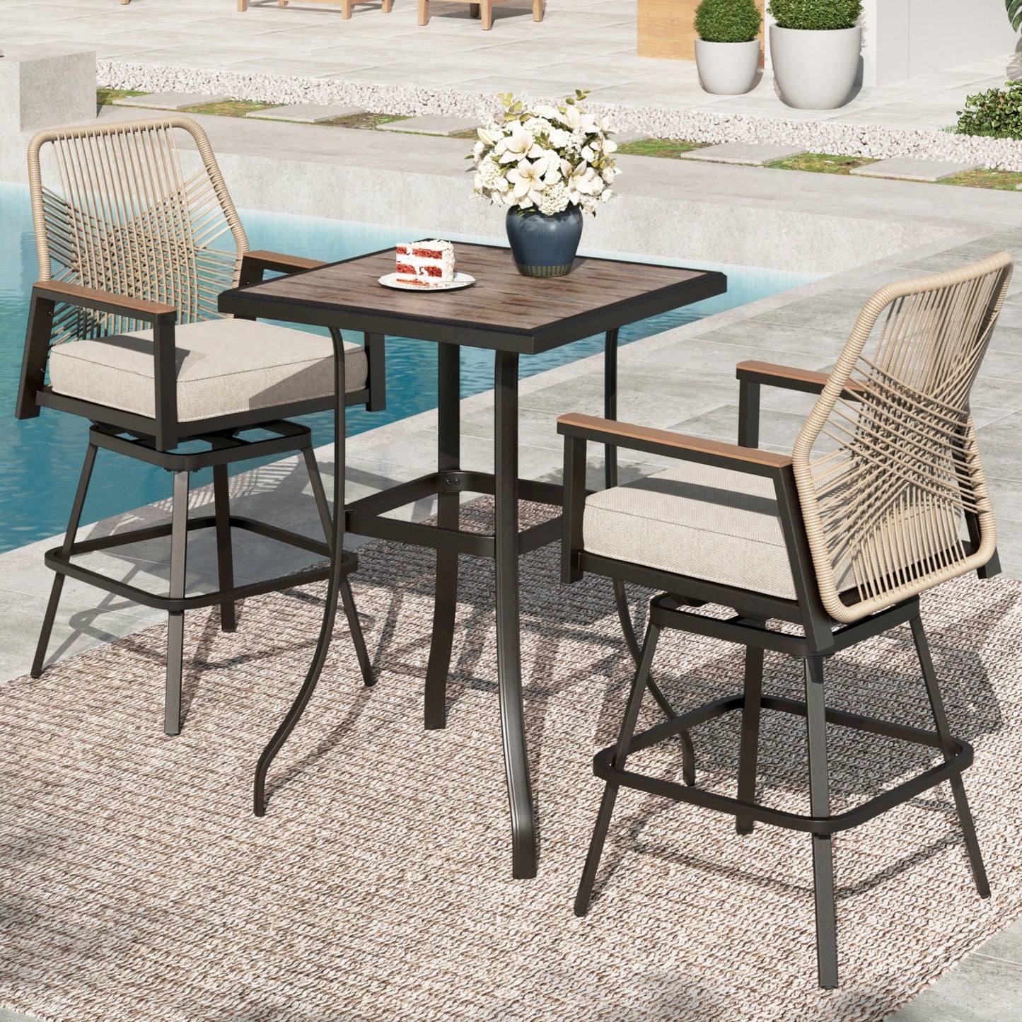 Summit Living 3-Piece Outdoor Patio Swivel Bar Set, All-Weather Rattan Bistro Set Dining Set with Removable Cushions, Square Bar Table