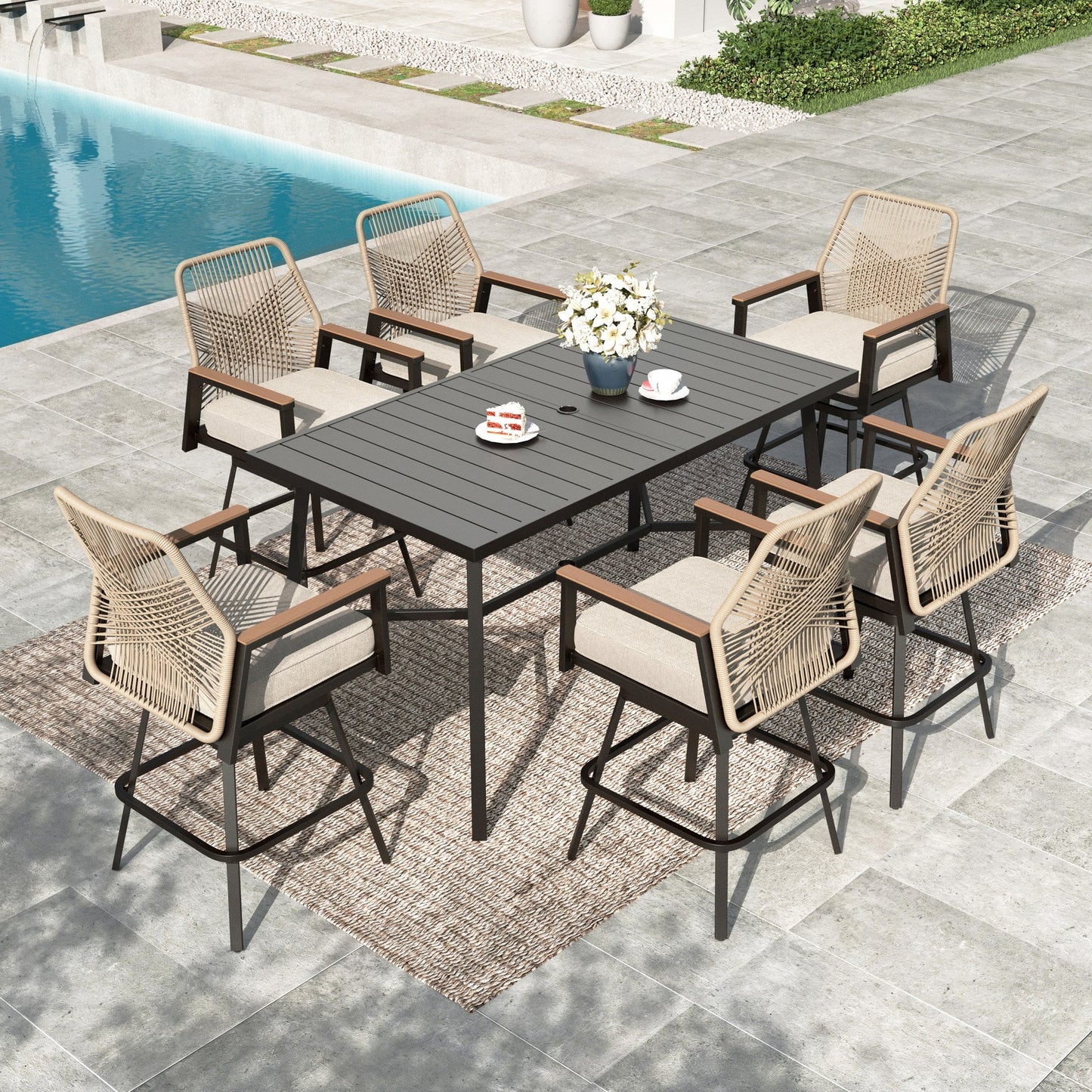 Summit Living 7-Piece Outdoor Patio Swivel Bar Set Dining Set, All-Weather Rattan Bar Height Table Set with Removable Cushions, 67¡± Rectangle Bar Table